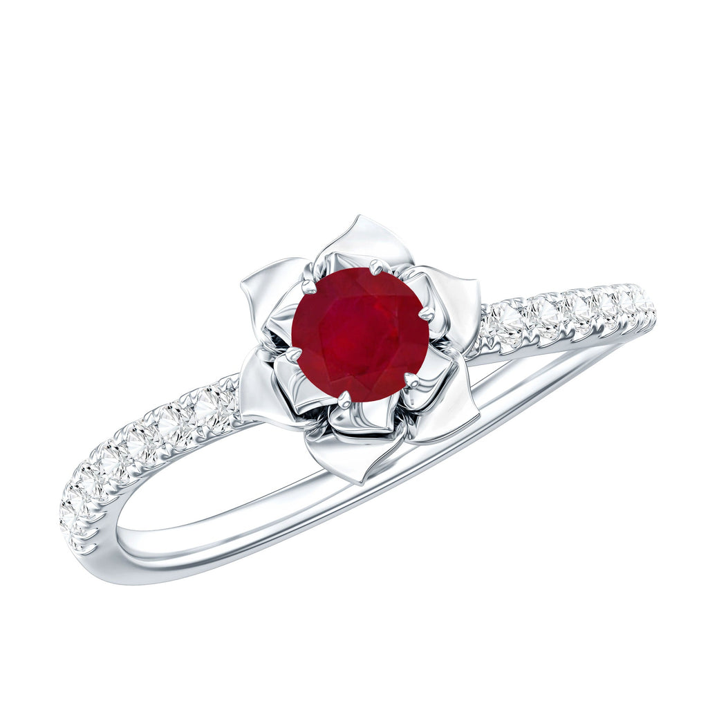 Natural 0.6 Carat Ruby Flower Engagement Ring with Diamond