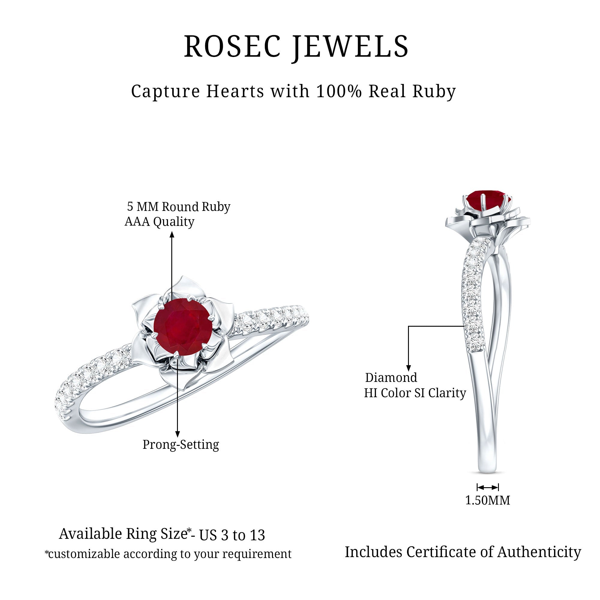 Natural 0.6 Carat Ruby Flower Engagement Ring with Diamond