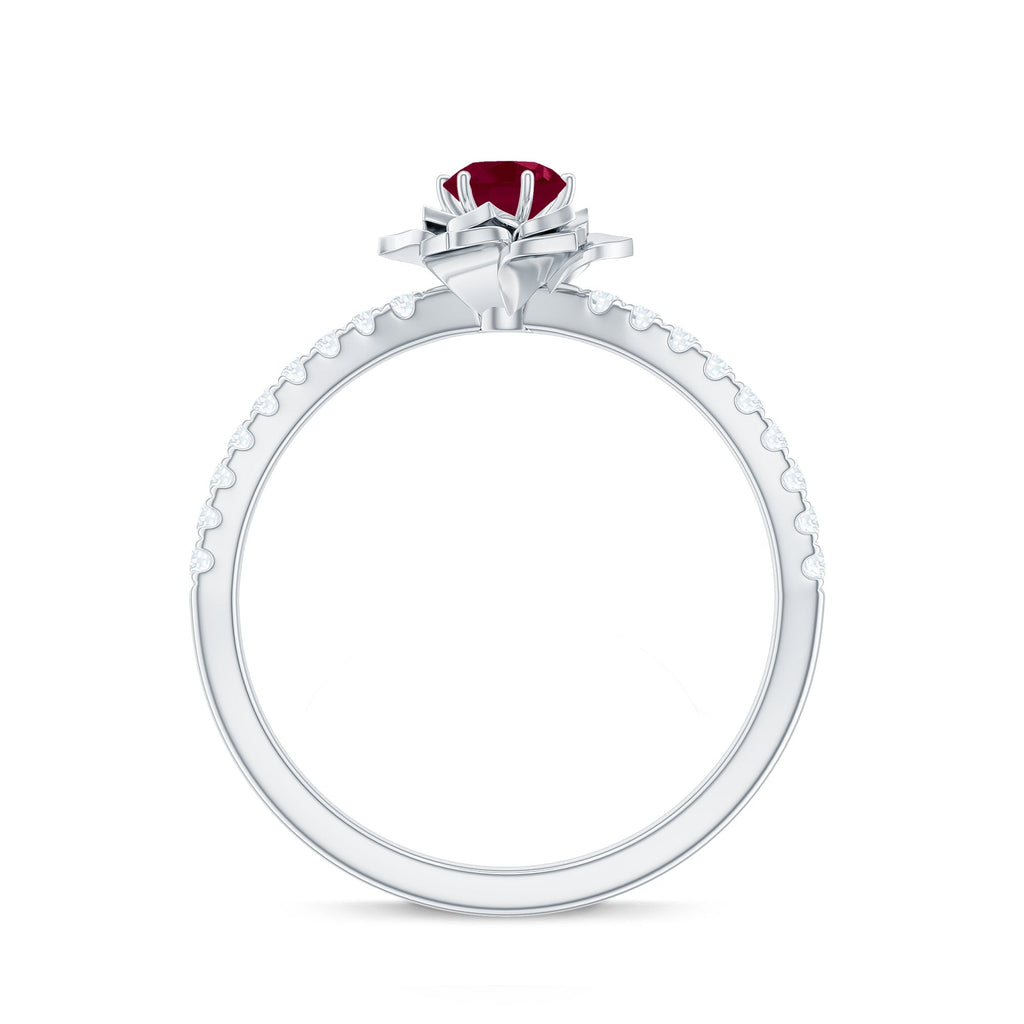 Natural 0.6 Carat Ruby Flower Engagement Ring with Diamond