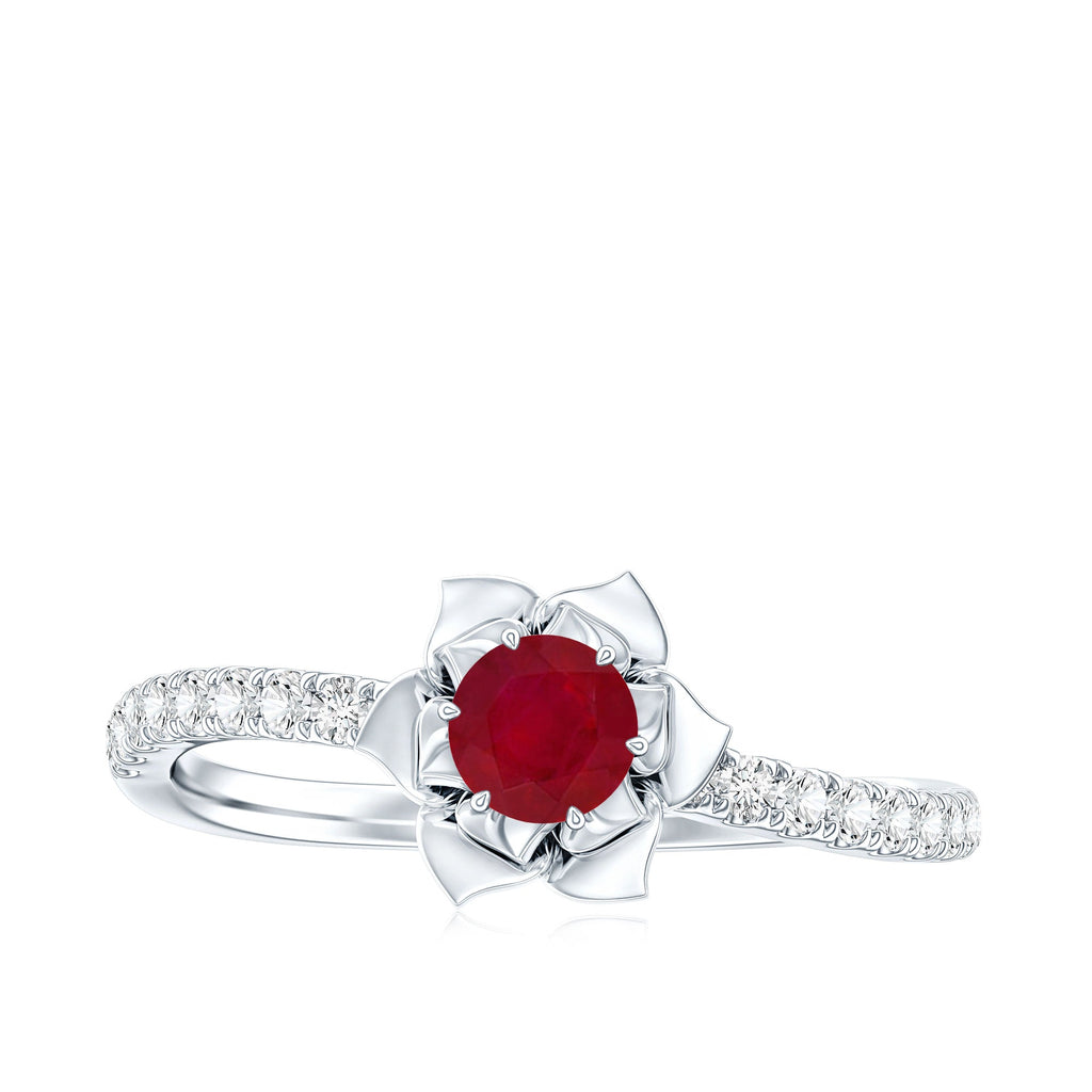 Natural 0.6 Carat Ruby Flower Engagement Ring with Diamond