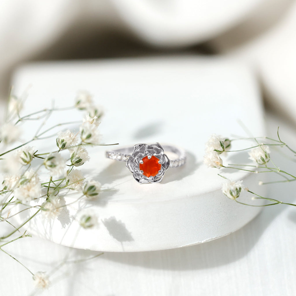 0.45 Carat Fire Opal Flower Engagement Ring with Diamond