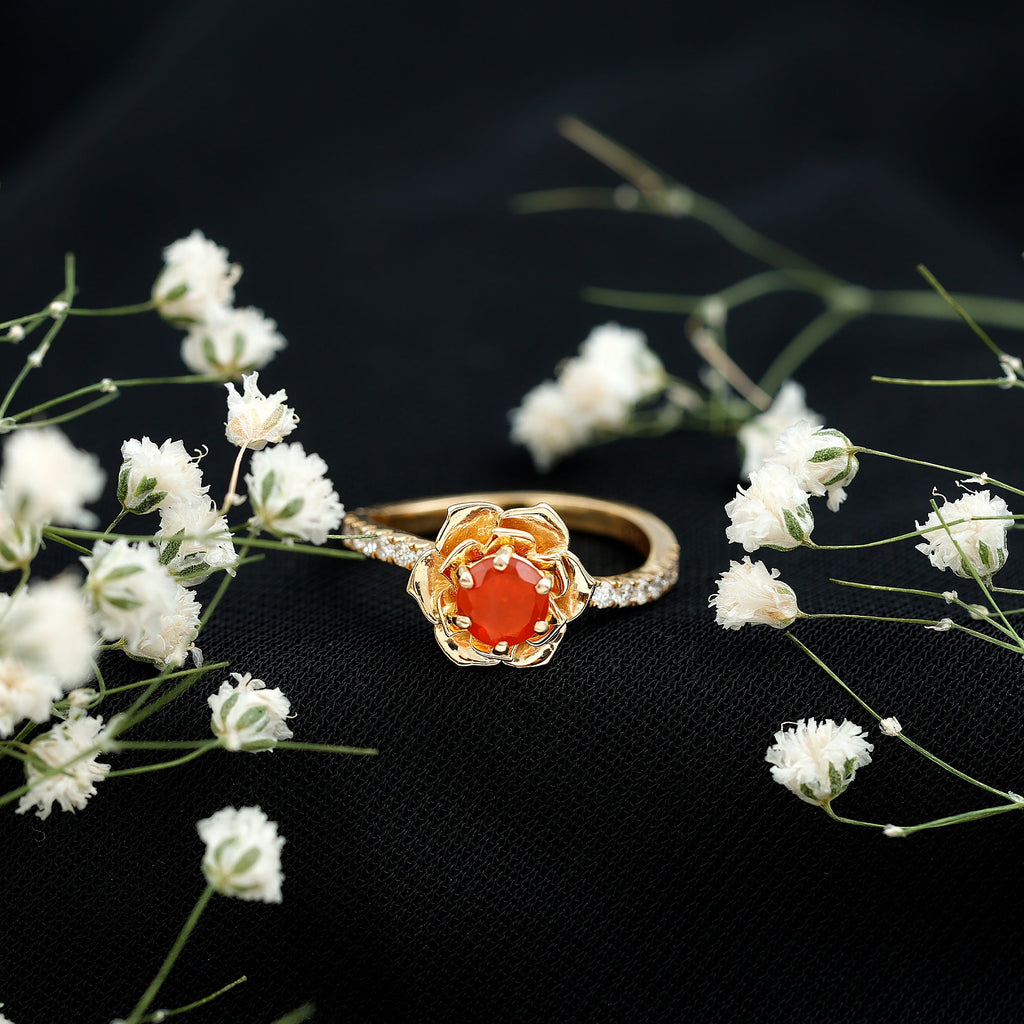 0.45 Carat Fire Opal Flower Engagement Ring with Diamond