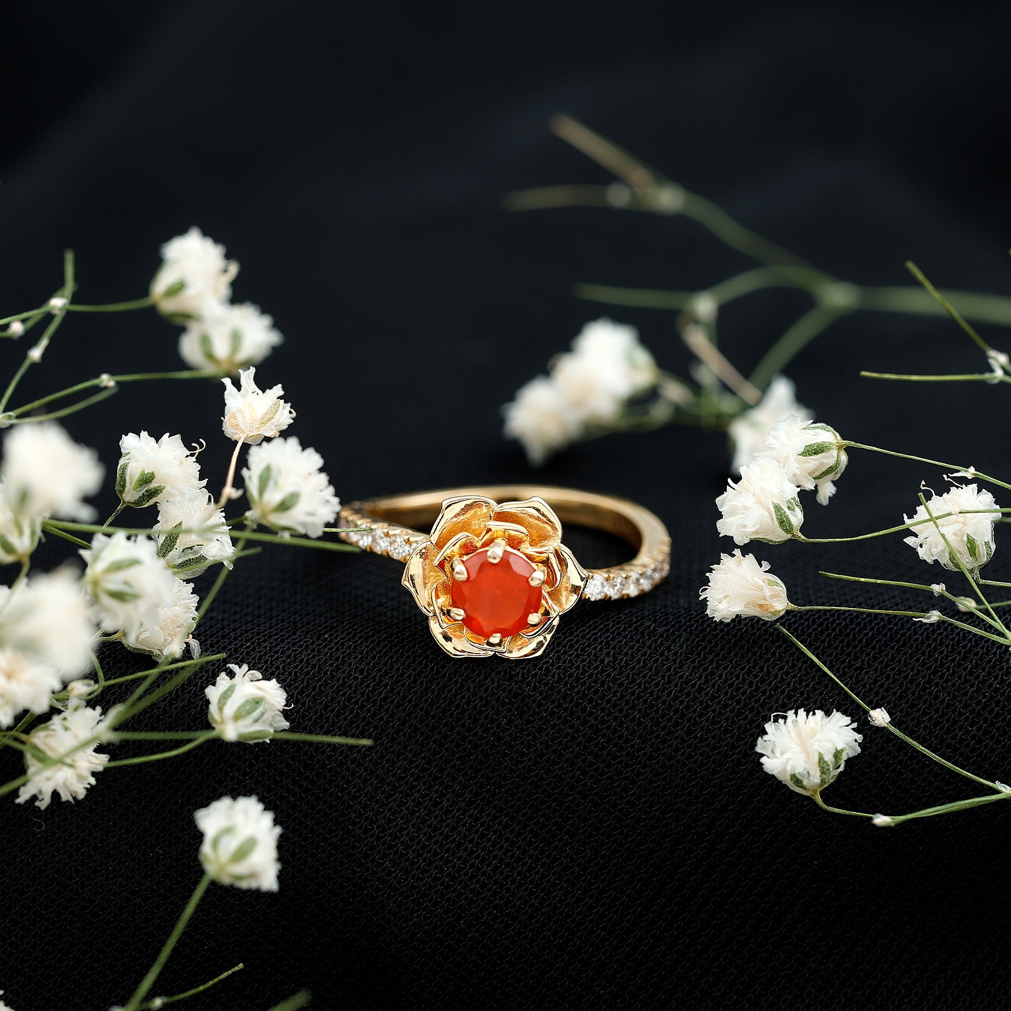 0.45 Carat Fire Opal Flower Engagement Ring with Diamond