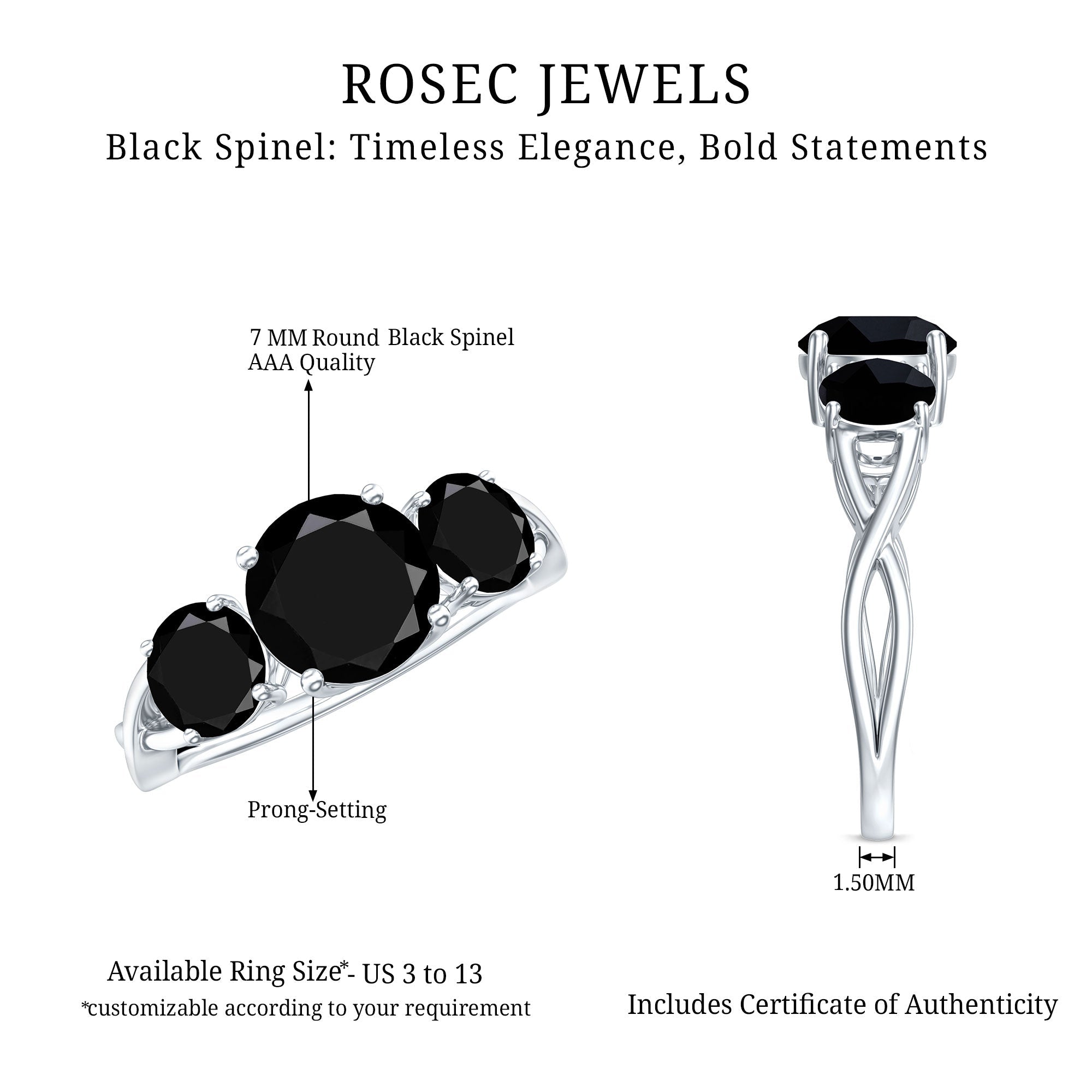 Natural 1.5 Carat Black Spinel 3 Stone Engagement Ring for Women