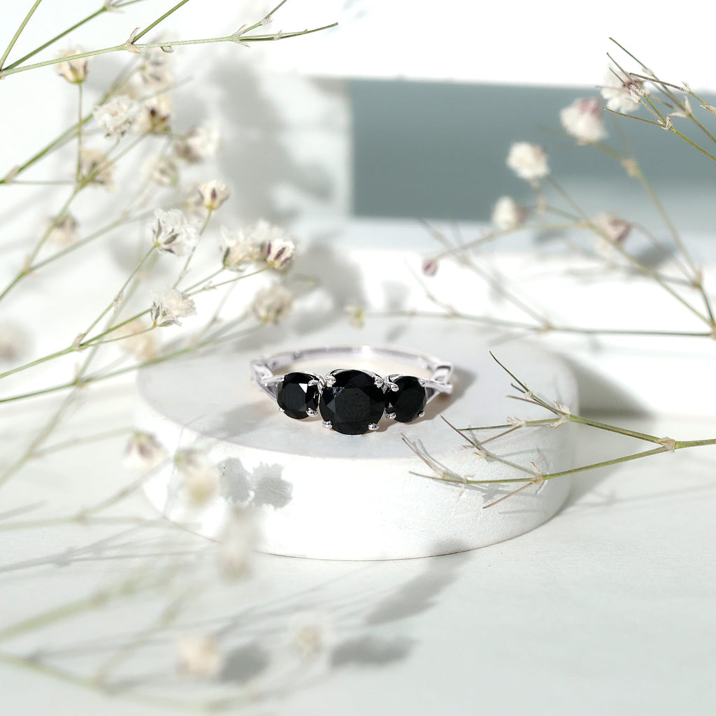 Natural 1.5 Carat Black Spinel 3 Stone Engagement Ring for Women