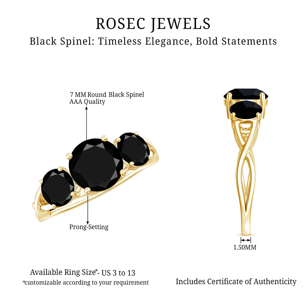 Natural 1.5 Carat Black Spinel 3 Stone Engagement Ring for Women