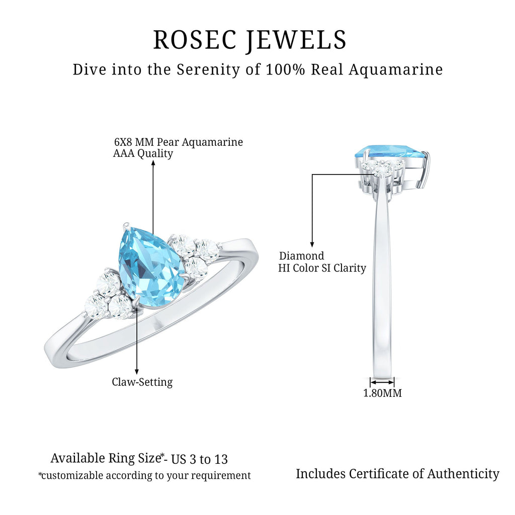 1 Carat Aquamarine Pear Engagement Ring with Diamond Trio