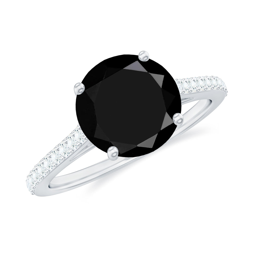 Round Cut Black Onyx Engagement Ring with Diamond Side Stones
