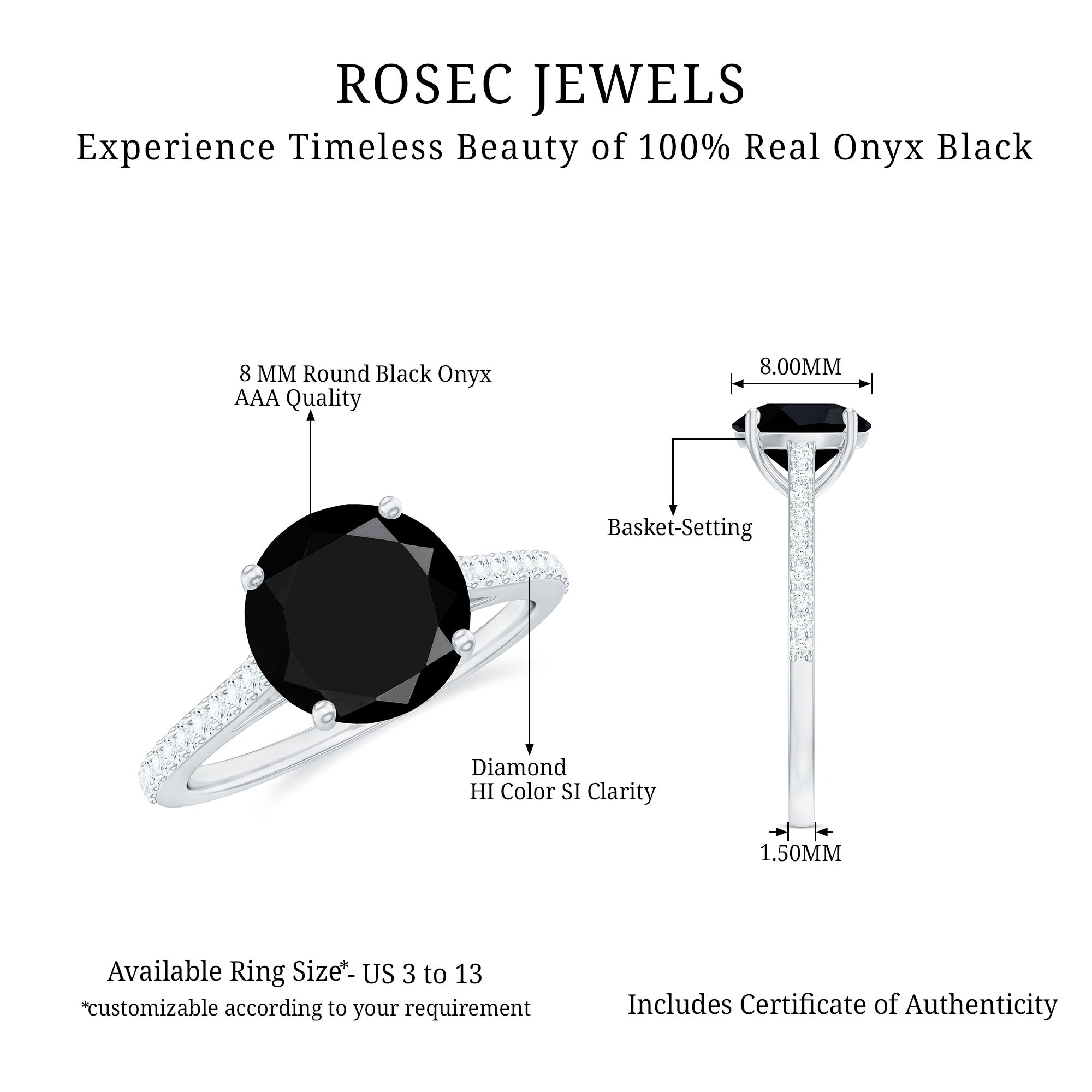 Round Cut Black Onyx Engagement Ring with Diamond Side Stones