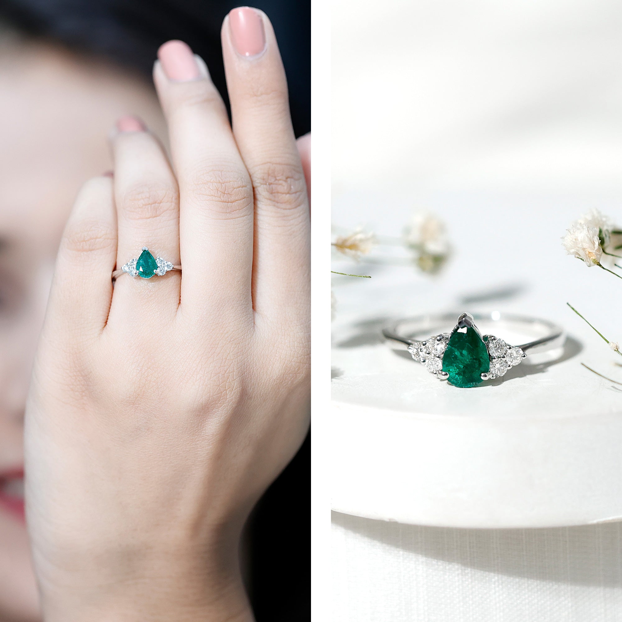 0.6 Carat AAA Quality Pear Shape Emerald Teardrop Engagement Ring with Diamond