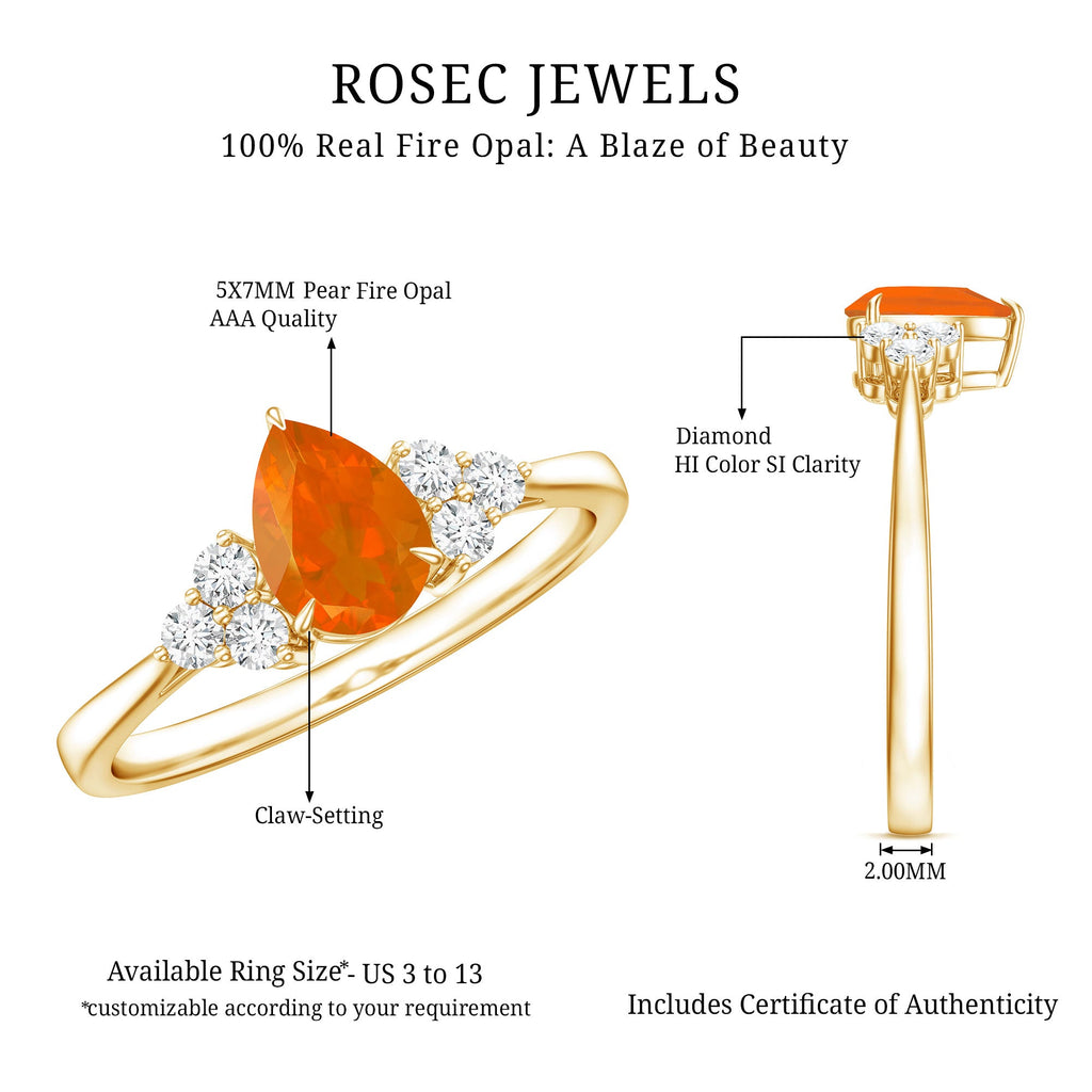 0.6 Carat Pear Shaped Fire Opal Engagement Ring with Diamond Trio