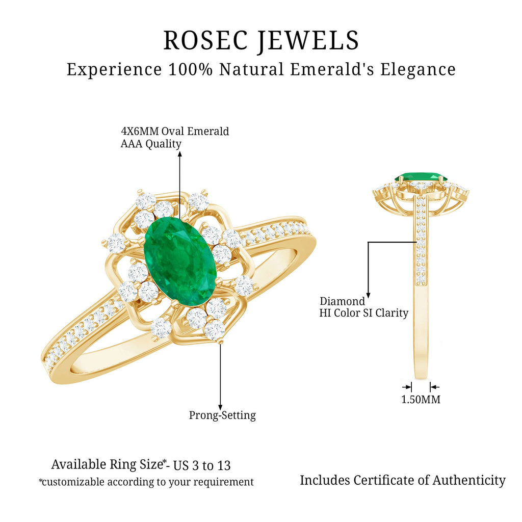 Vintage Style Emerald and Diamond Oval Engagement Ring