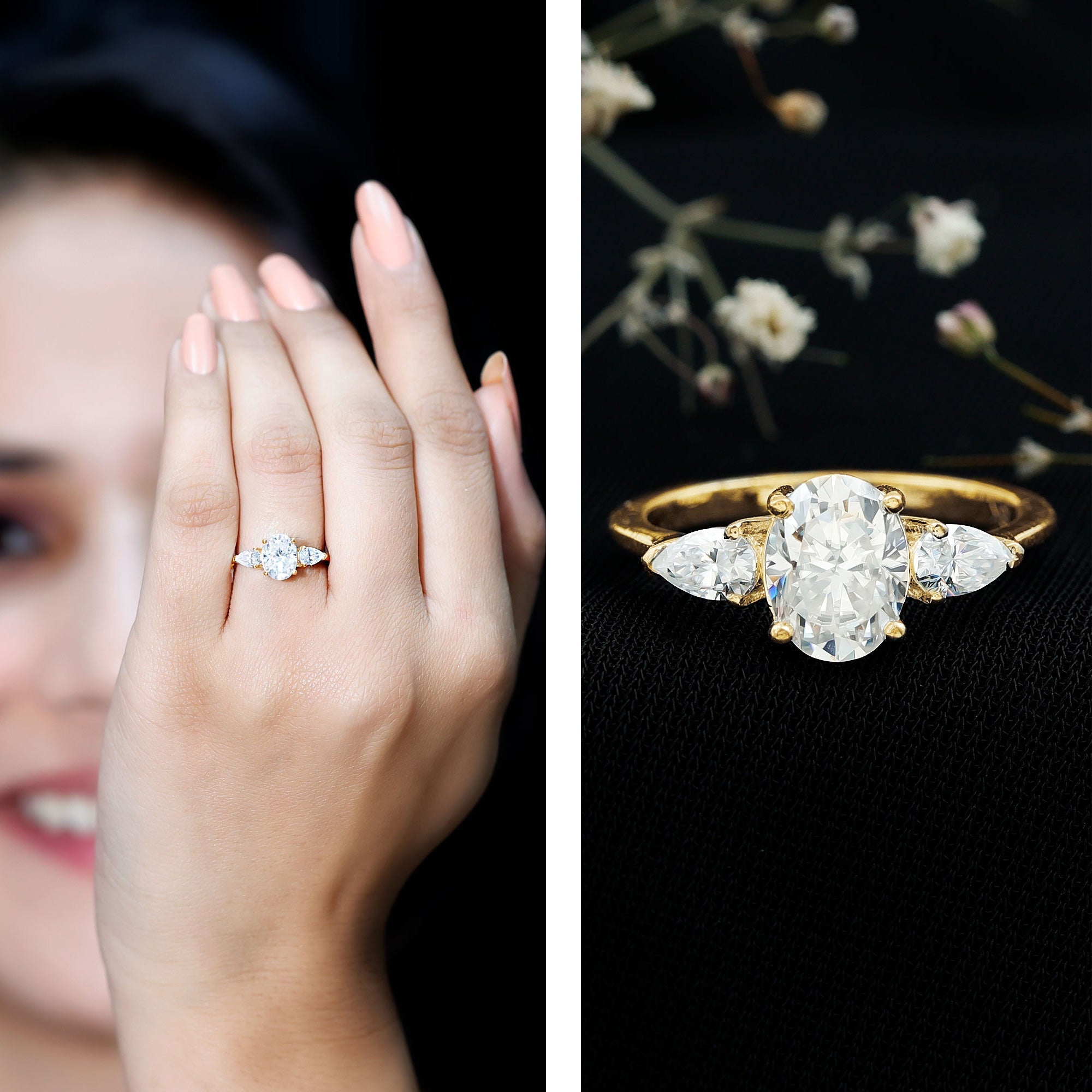 Oval and Pear Cut Moissanite Three Stone Engagement Ring