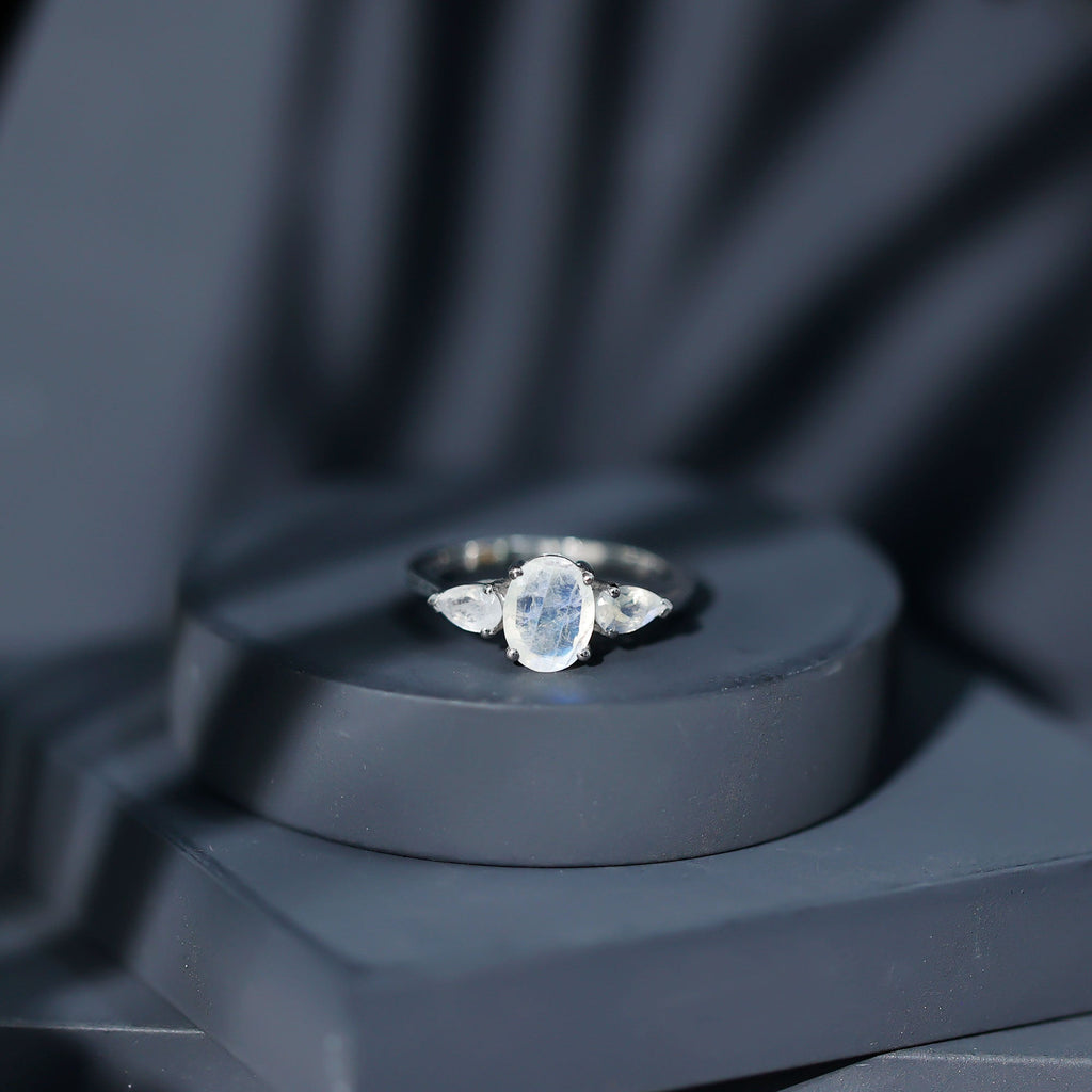 Natural Moonstone Three Stone Engagement Ring