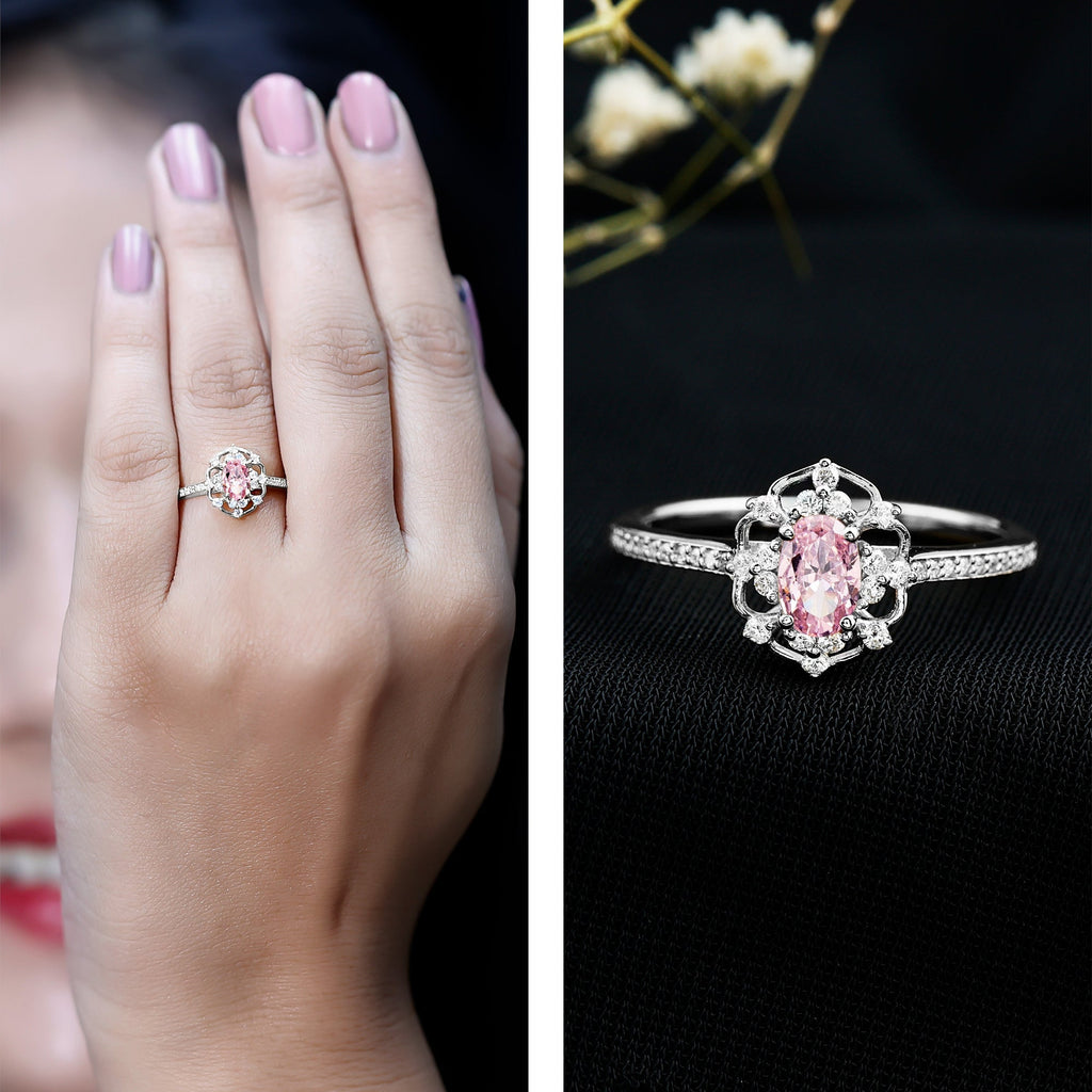 Natural Pink Sapphire Diamond Vintage Engagement Ring in Silver