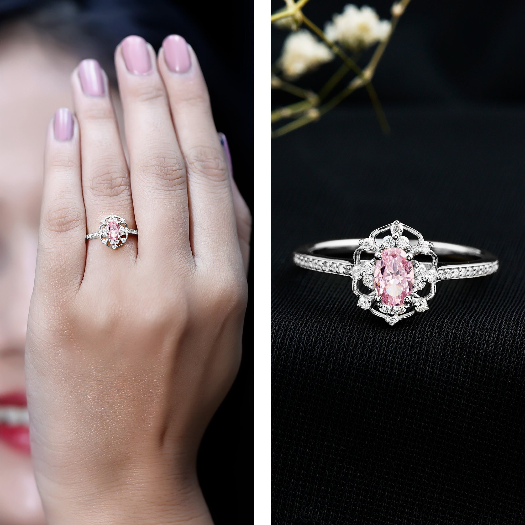 Natural Pink Sapphire Diamond Vintage Engagement Ring in Silver