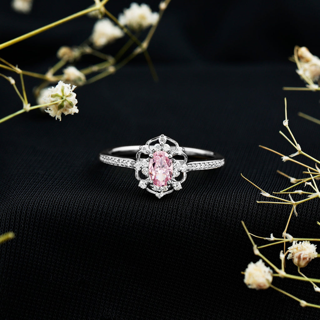 Natural Pink Sapphire Diamond Vintage Engagement Ring in Silver