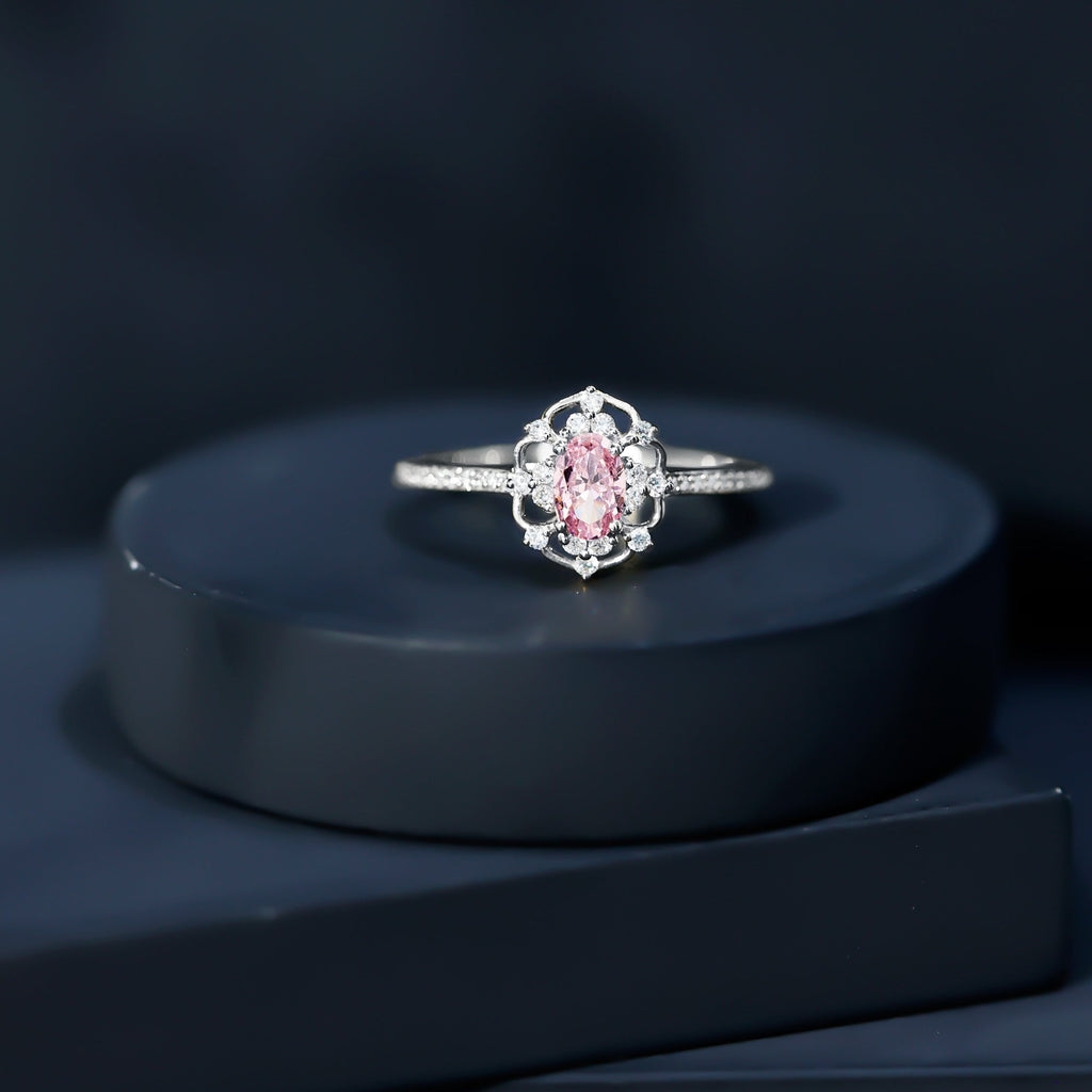 Natural Pink Sapphire Diamond Vintage Engagement Ring in Silver