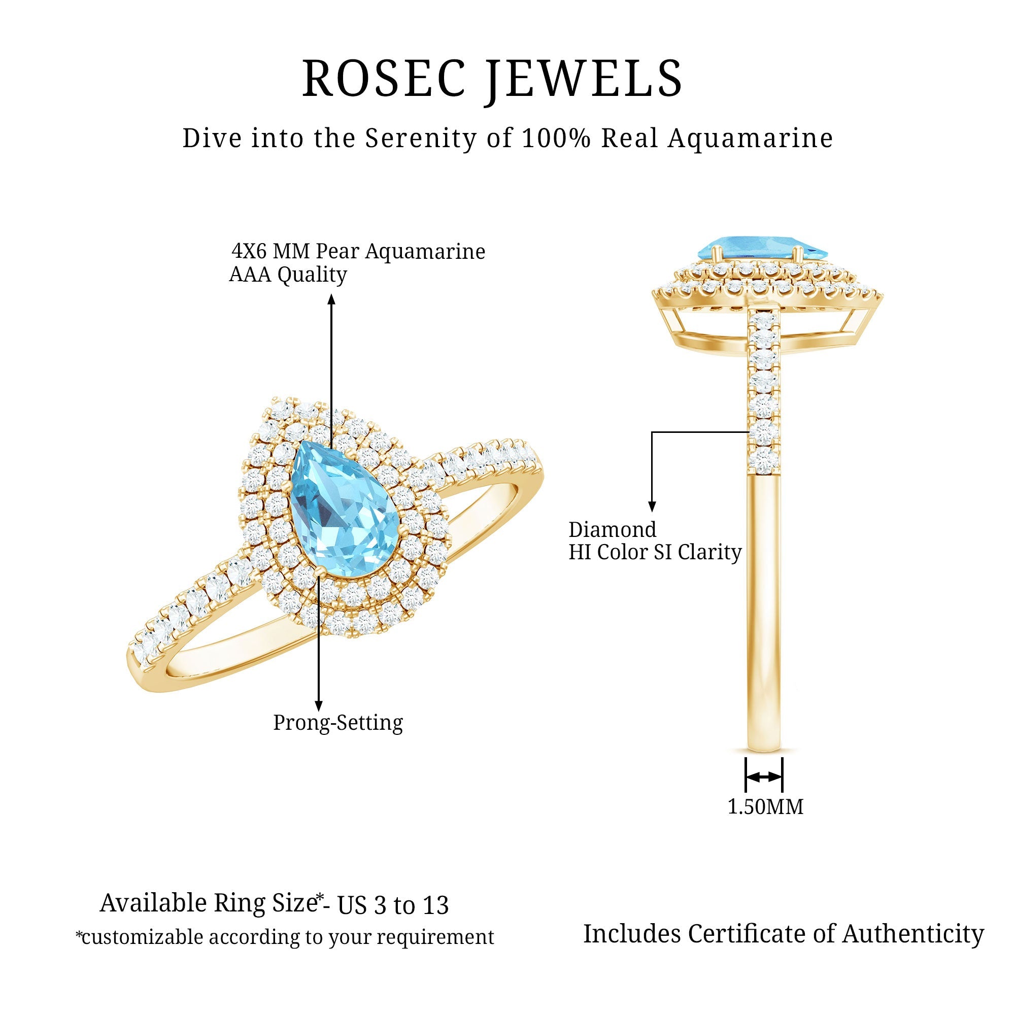 Classic Aquamarine and Diamond Teardrop Engagement Ring with Double Halo