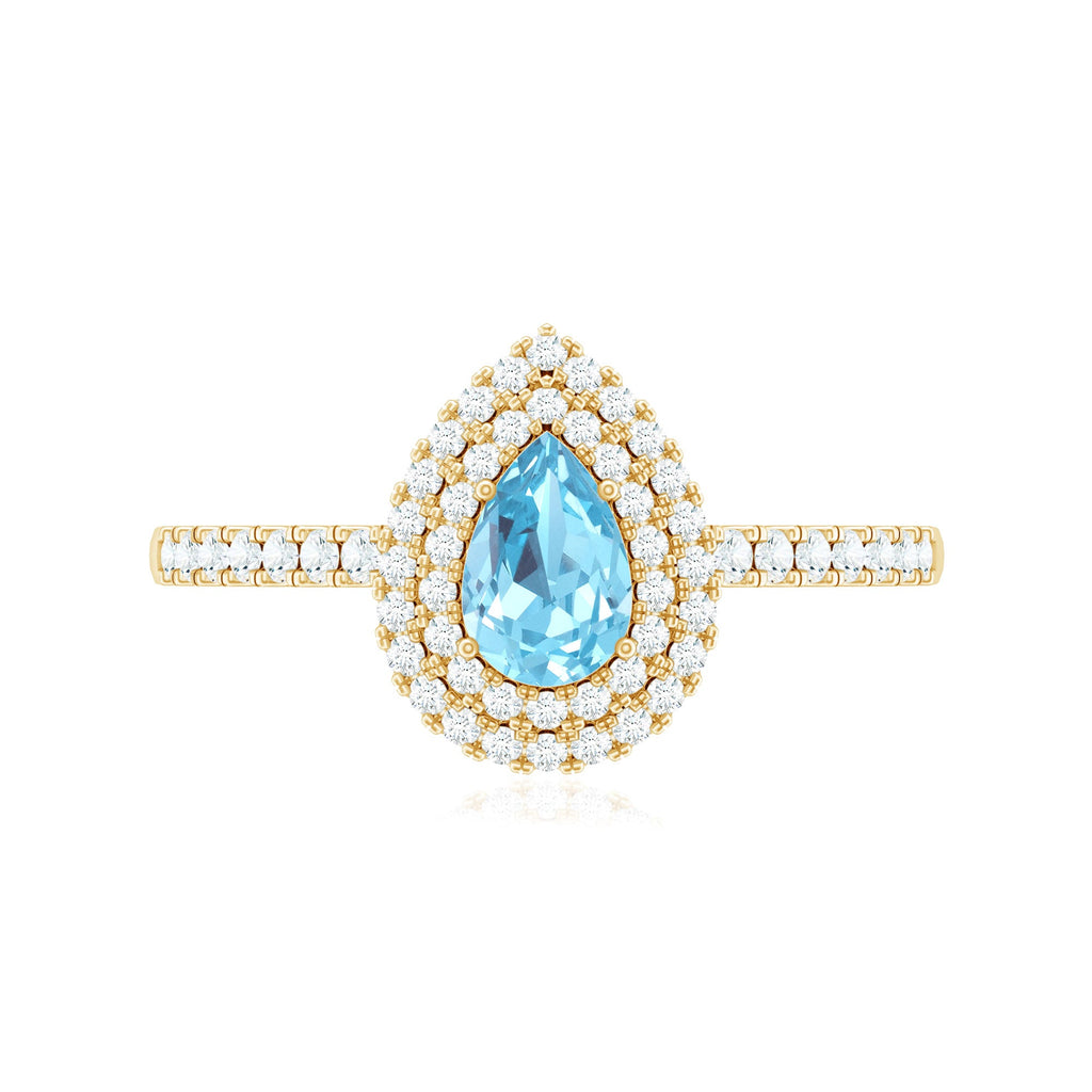 Classic Aquamarine and Diamond Teardrop Engagement Ring with Double Halo
