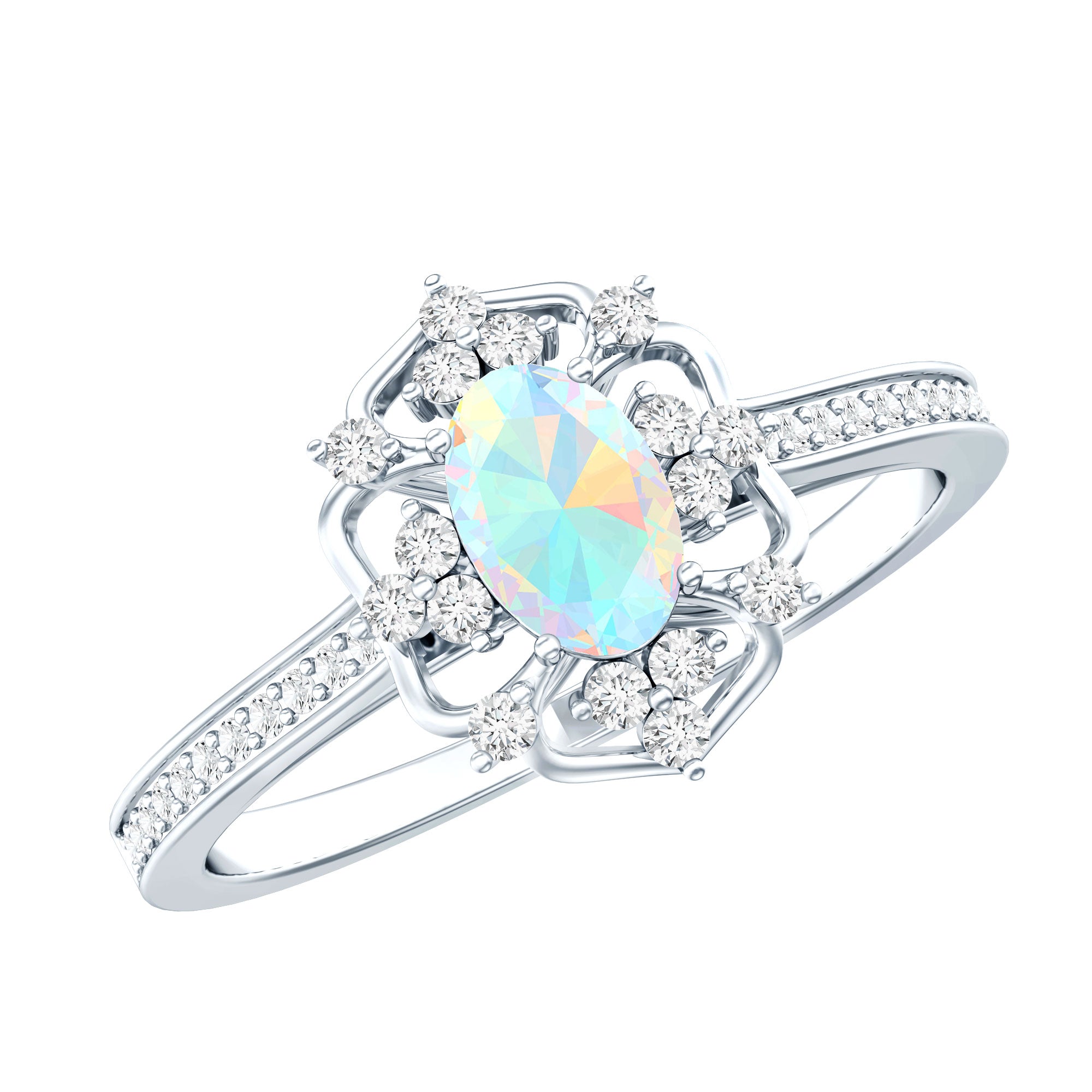 Natural Oval Ethiopian Rainbow Opal Vintage Looking Engagement Ring with Diamond