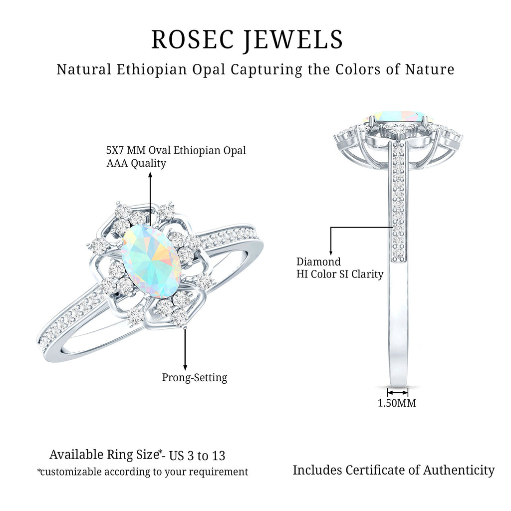 Natural Oval Ethiopian Rainbow Opal Vintage Looking Engagement Ring with Diamond