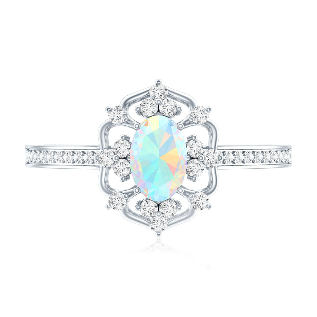 Natural Oval Ethiopian Rainbow Opal Vintage Looking Engagement Ring with Diamond