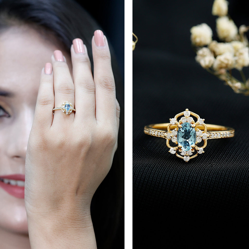 Real Vintage Aquamarine and Diamond Engagement Ring with Certificate