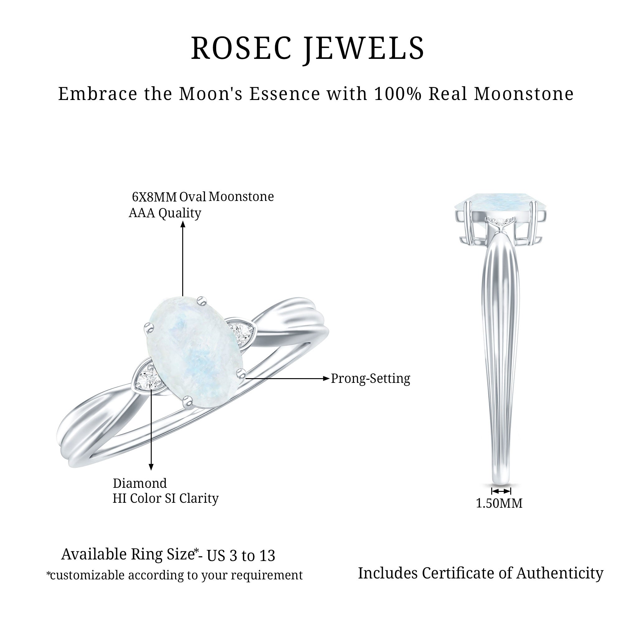 0.6 Carat Oval Cut Moonstone Solitaire Ring with Diamond