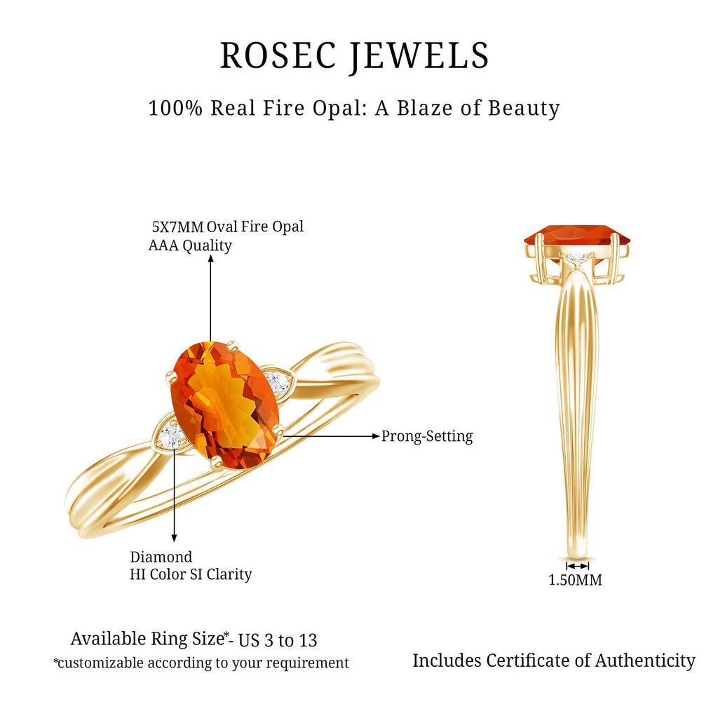 0.6 Carat Oval Shape Fire Opal Engagement Ring with Diamond