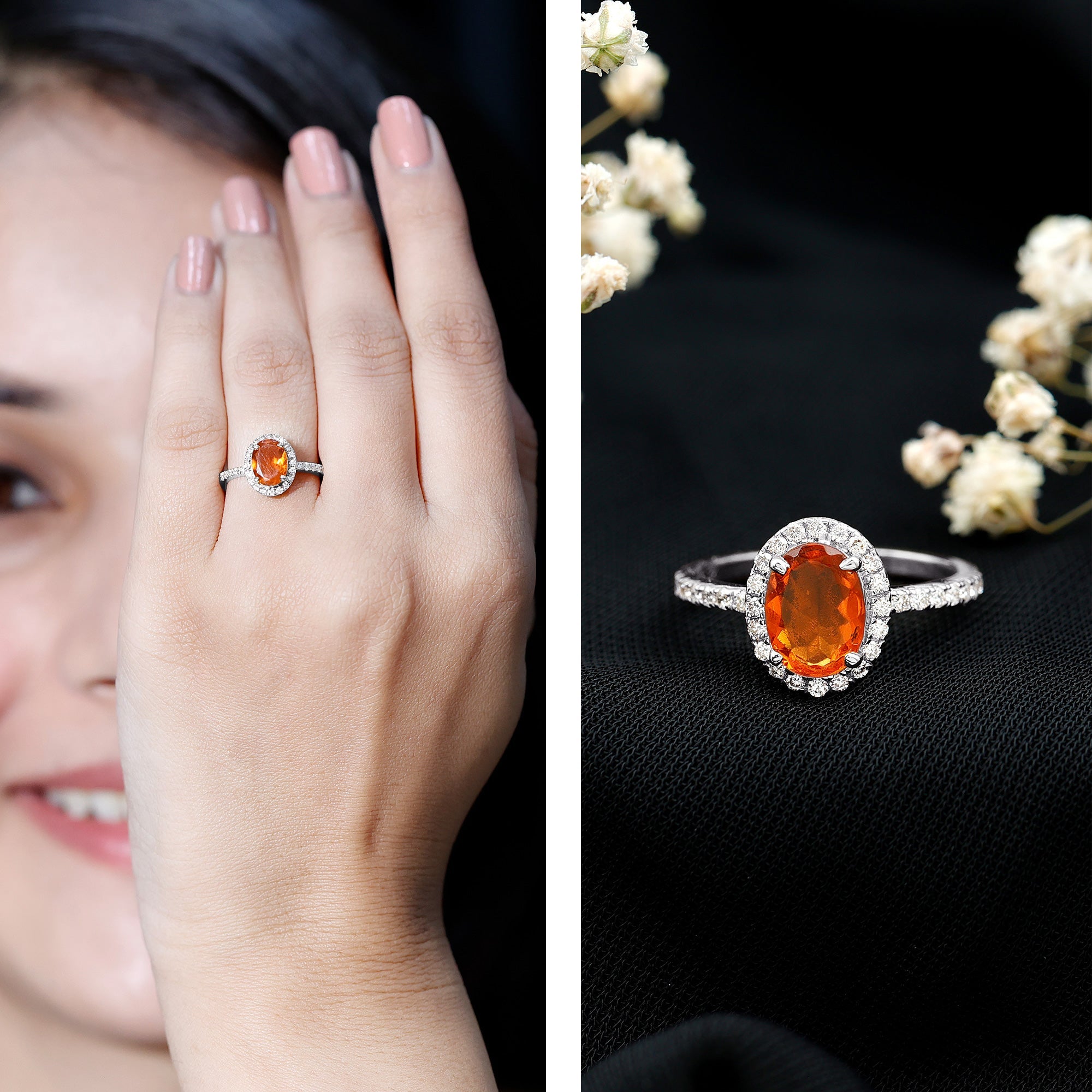 Oval 1 Carat Fire Opal Engagement Ring with Diamond Halo