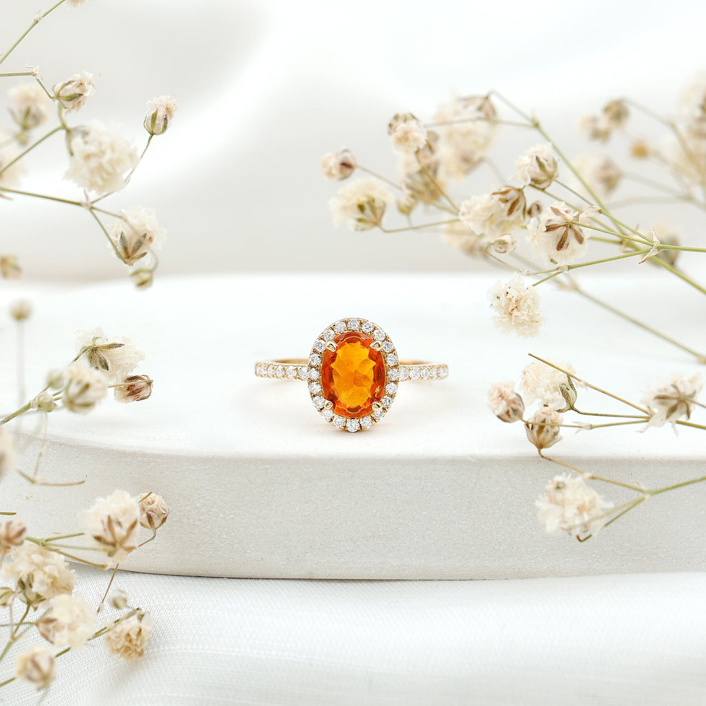 Oval 1 Carat Fire Opal Engagement Ring with Diamond Halo