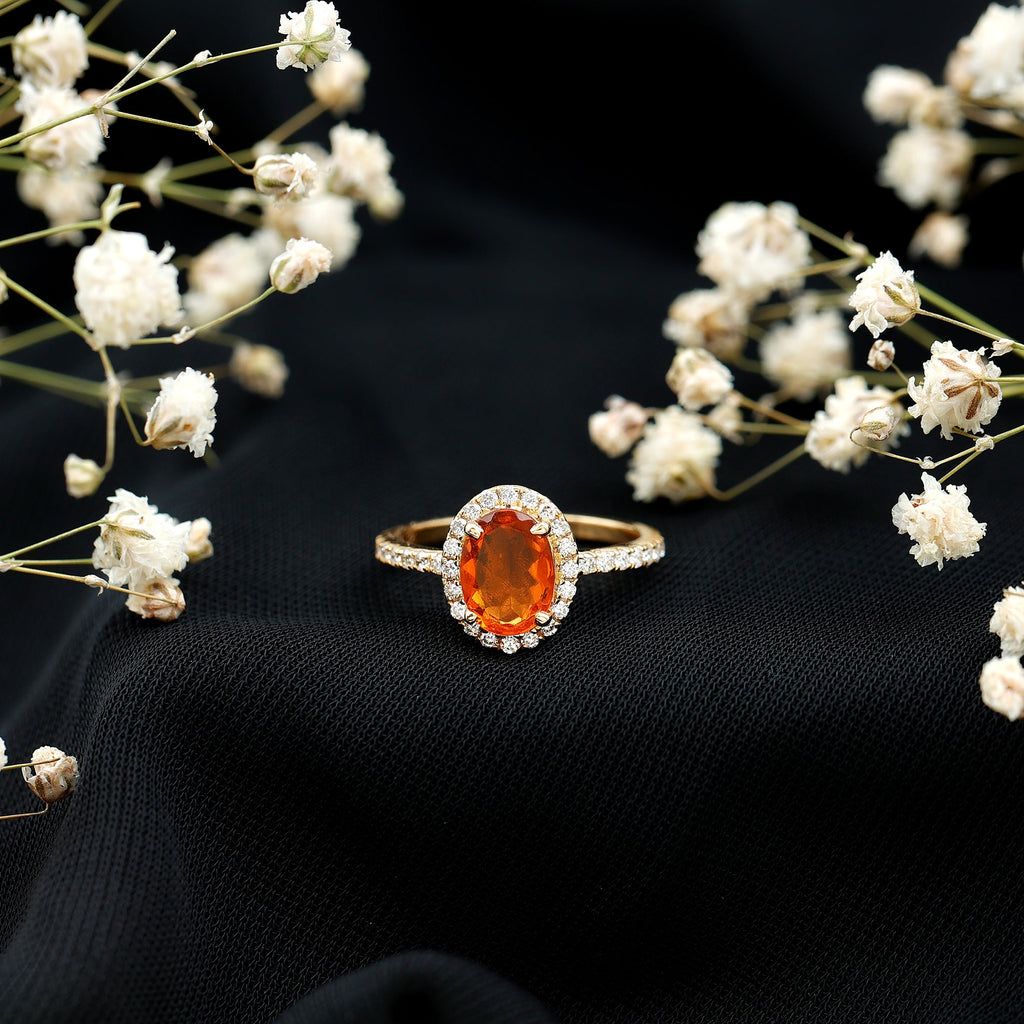 Oval 1 Carat Fire Opal Engagement Ring with Diamond Halo