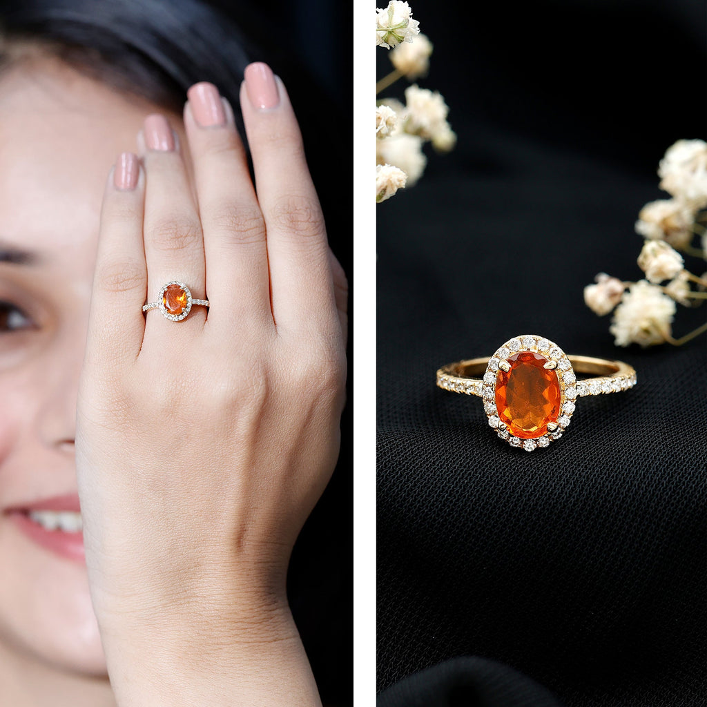 Oval 1 Carat Fire Opal Engagement Ring with Diamond Halo
