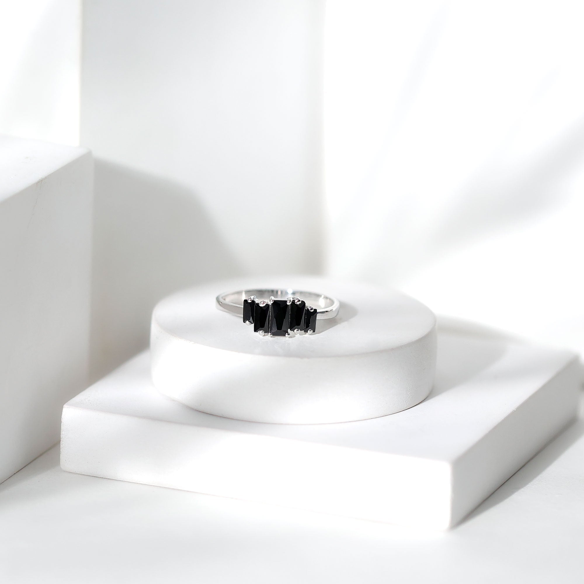 Baguette Cut Black Onyx 5 Stone Anniversary Ring