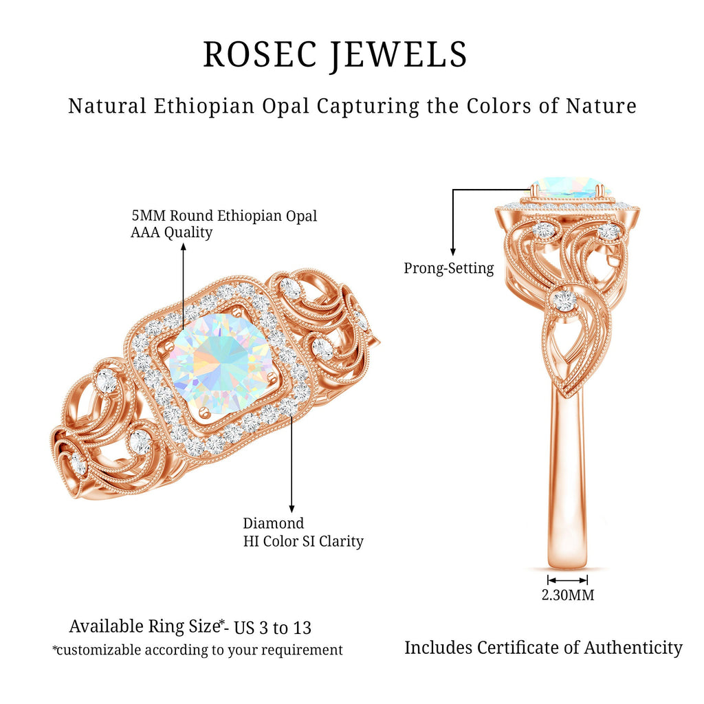 Certified Real Ethiopian Opal Retro Engagement Ring with Diamond