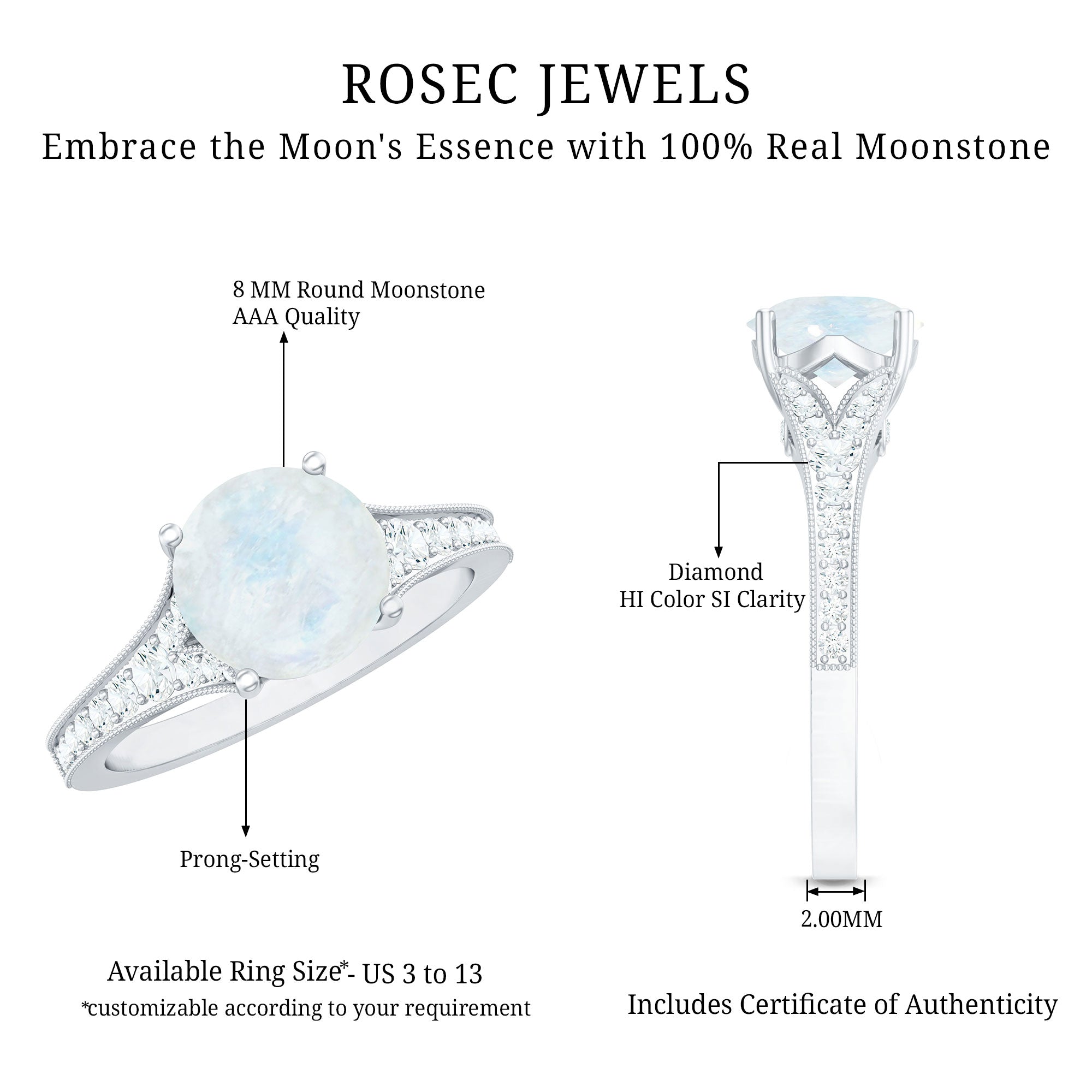 Designer Moonstone Engagement Ring with Diamond Side Stones