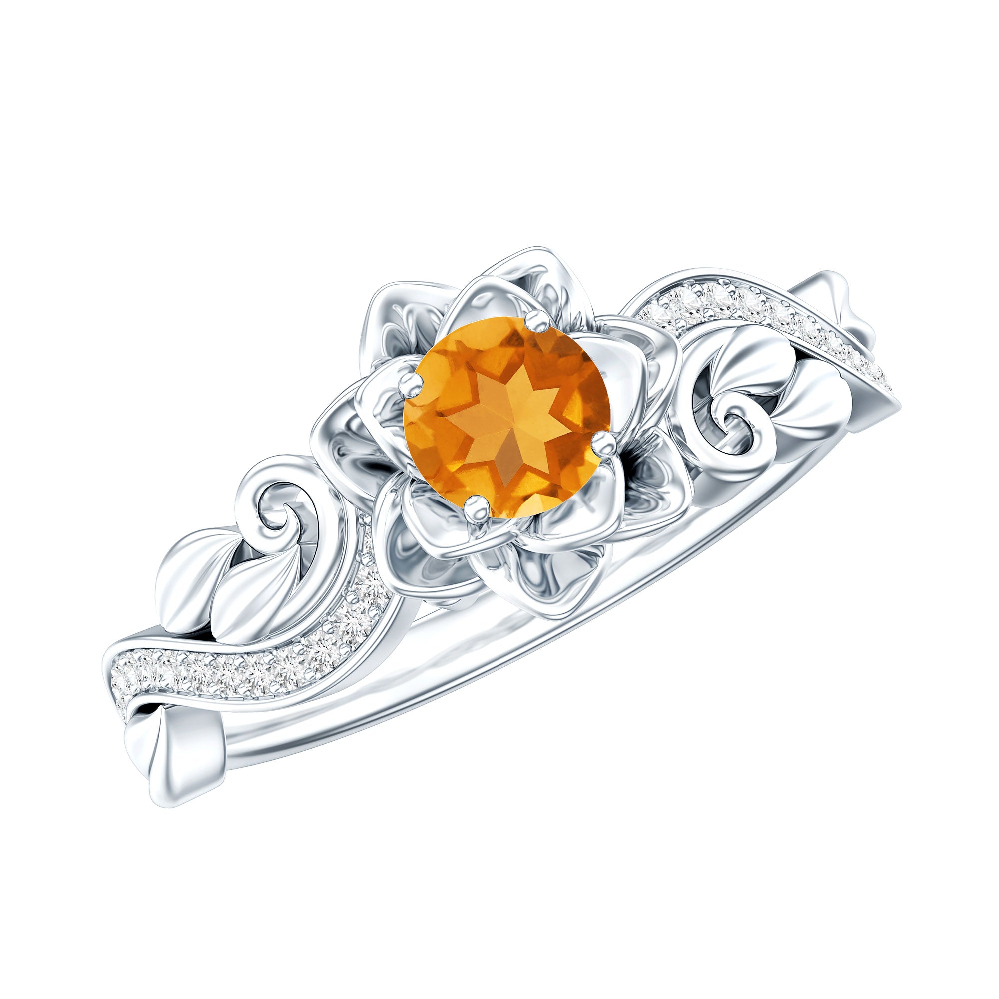 Nature Inspired Citrine Flower Engagement Ring with Diamond