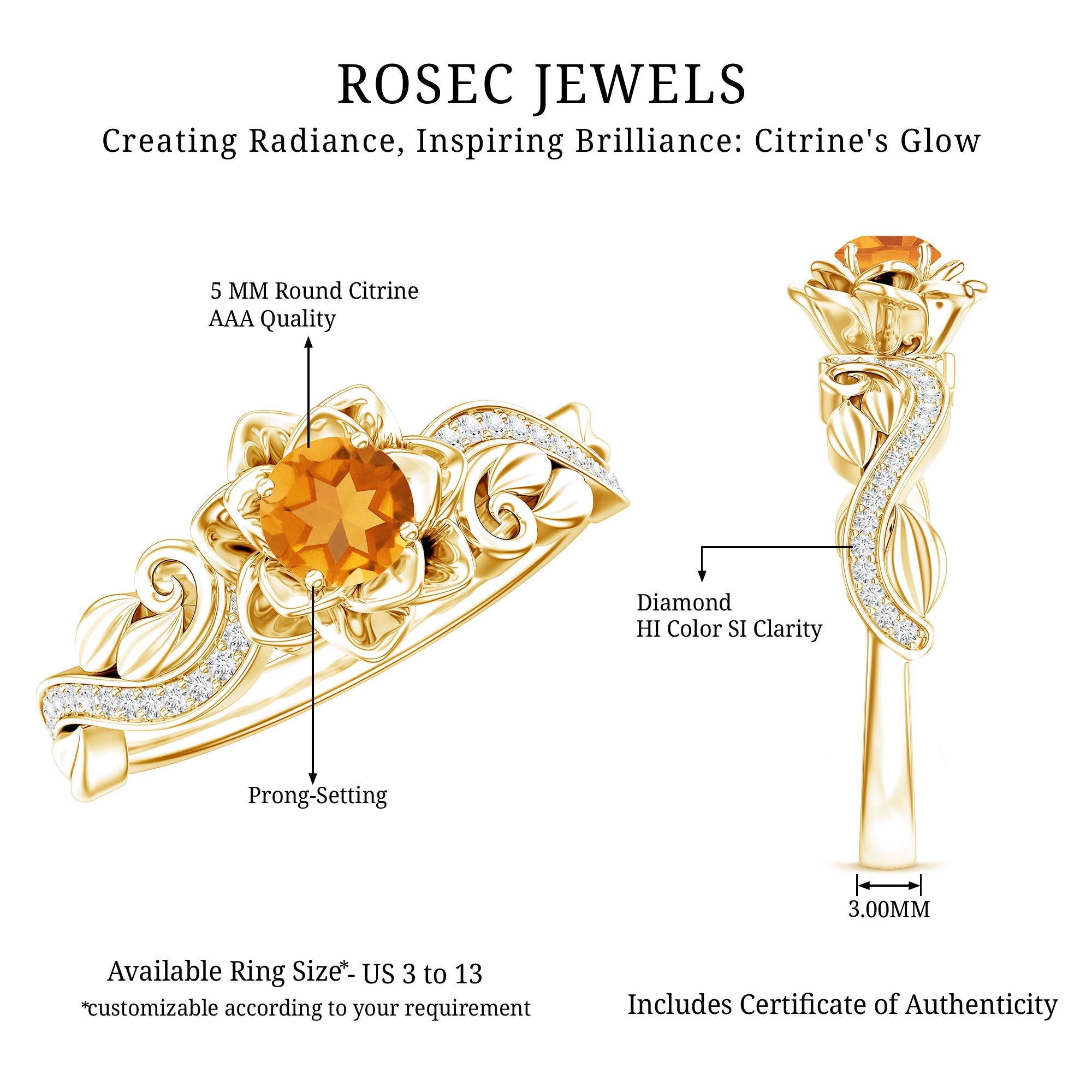 Nature Inspired Citrine Flower Engagement Ring with Diamond