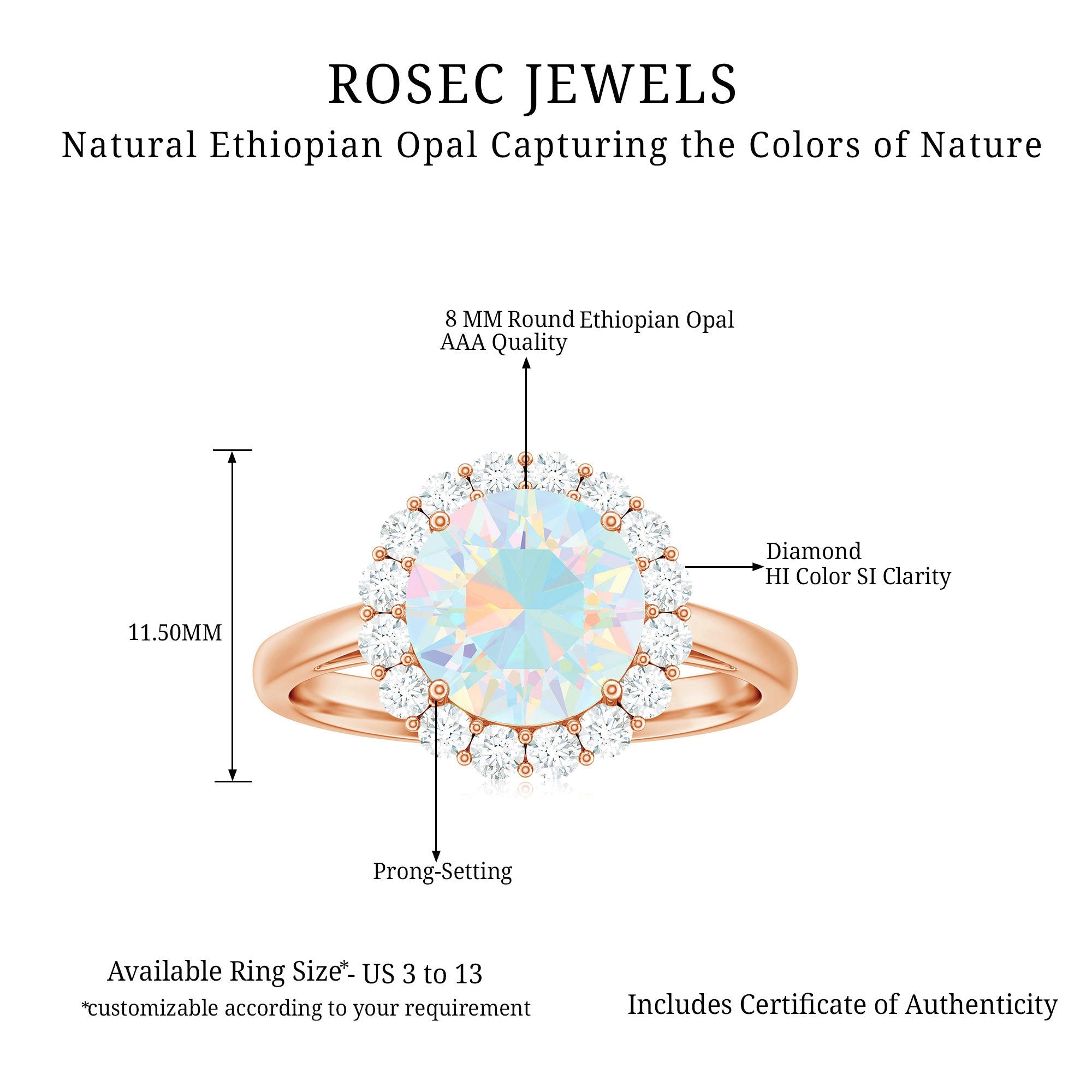 Certified Real 2 Carat Ethiopian Rainbow Opal Engagement Ring with Diamond Halo