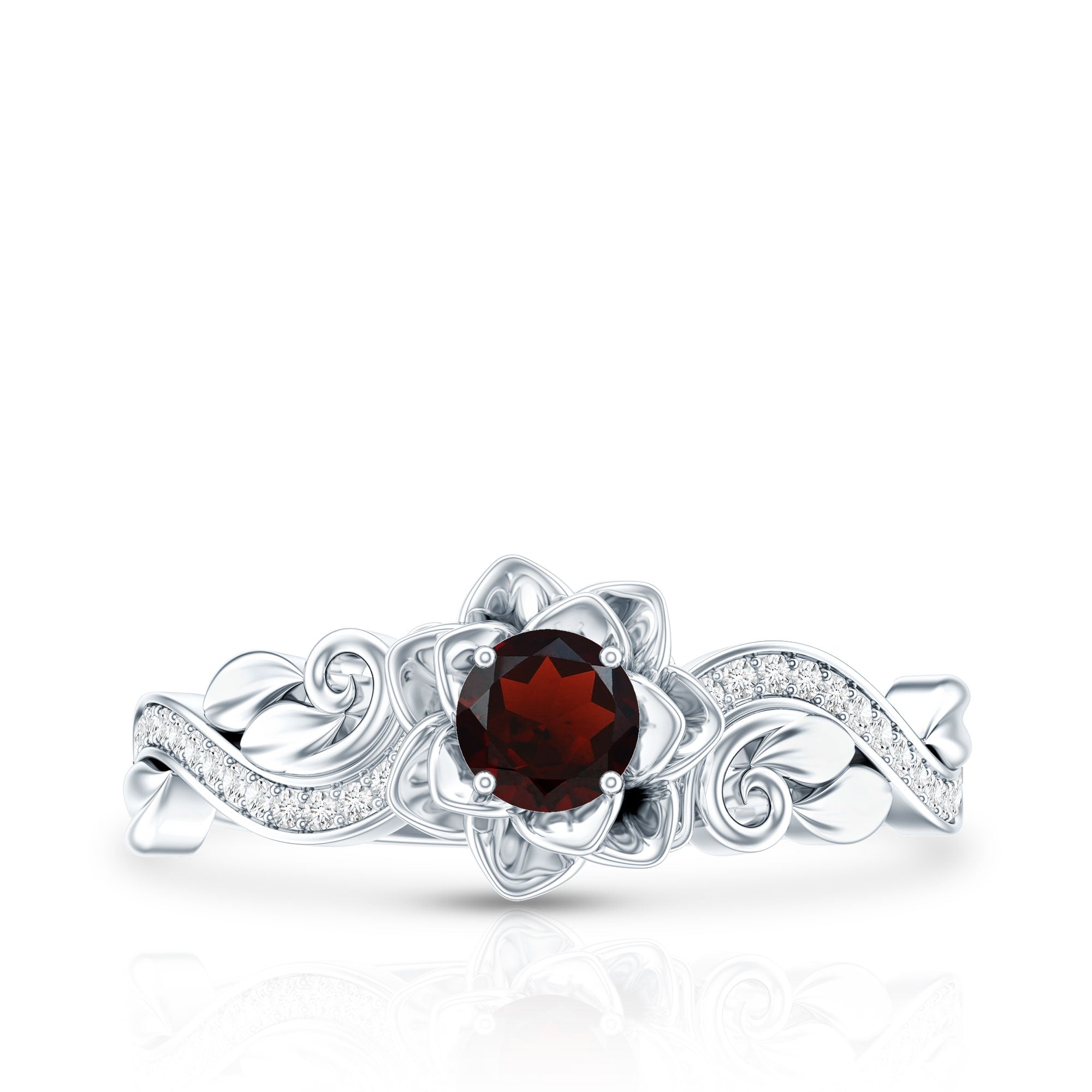 Certified Natural Garnet Rose Flower Engagement Ring with Diamond