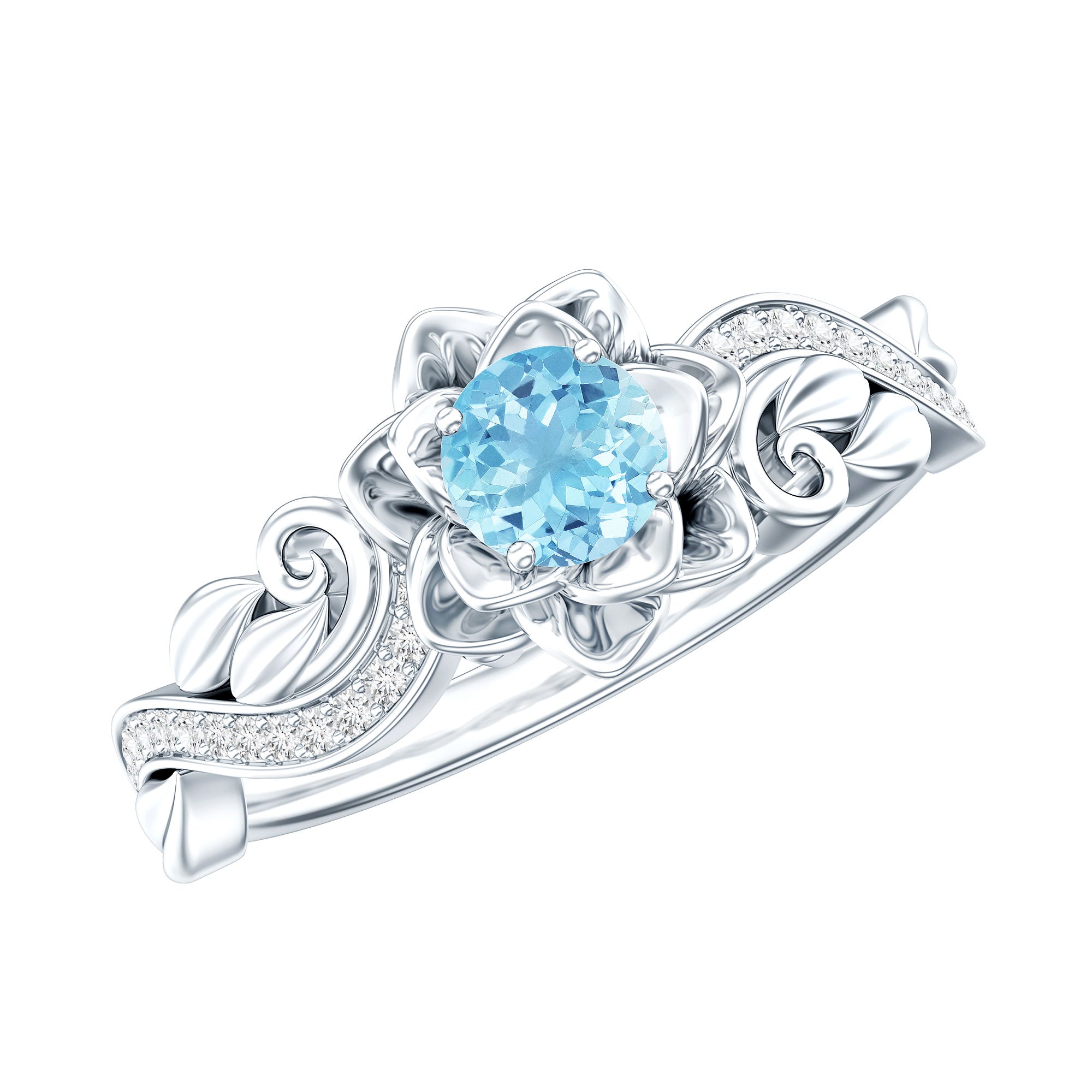 Natural Aquamarine Flower Inspired Engagement Ring With Diamond