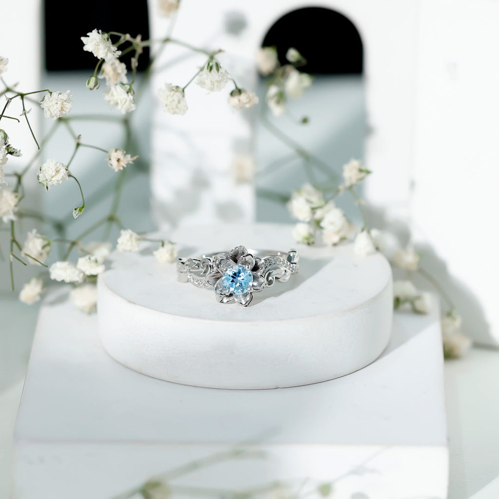 Natural Aquamarine Flower Inspired Engagement Ring With Diamond