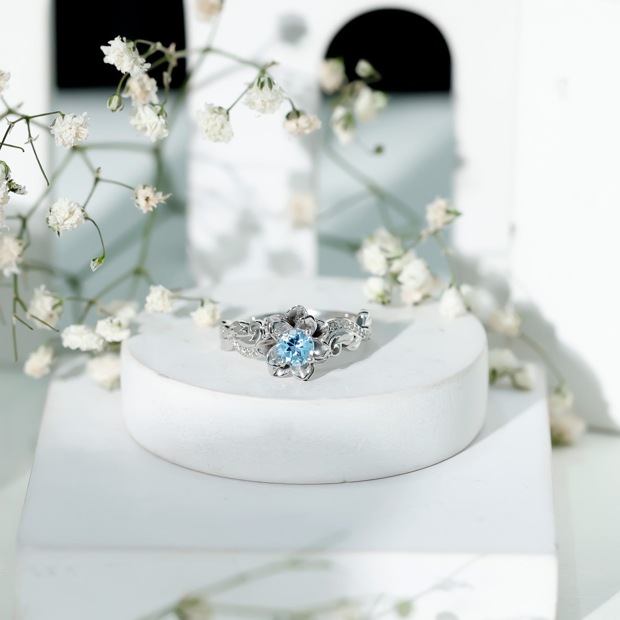 Natural Aquamarine Flower Inspired Engagement Ring With Diamond