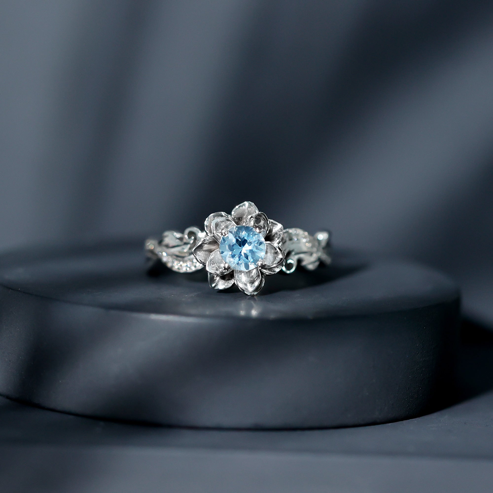 Natural Aquamarine Flower Inspired Engagement Ring With Diamond