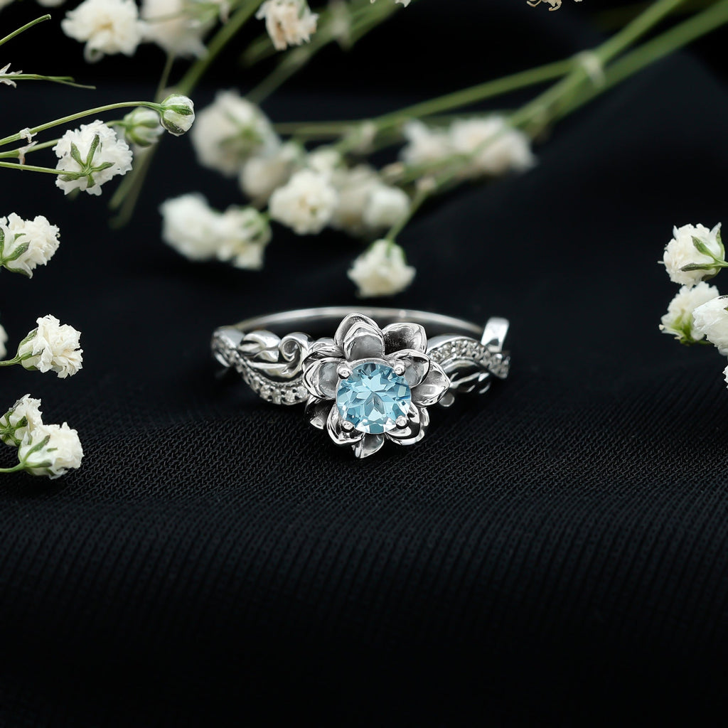 Natural Aquamarine Flower Inspired Engagement Ring With Diamond