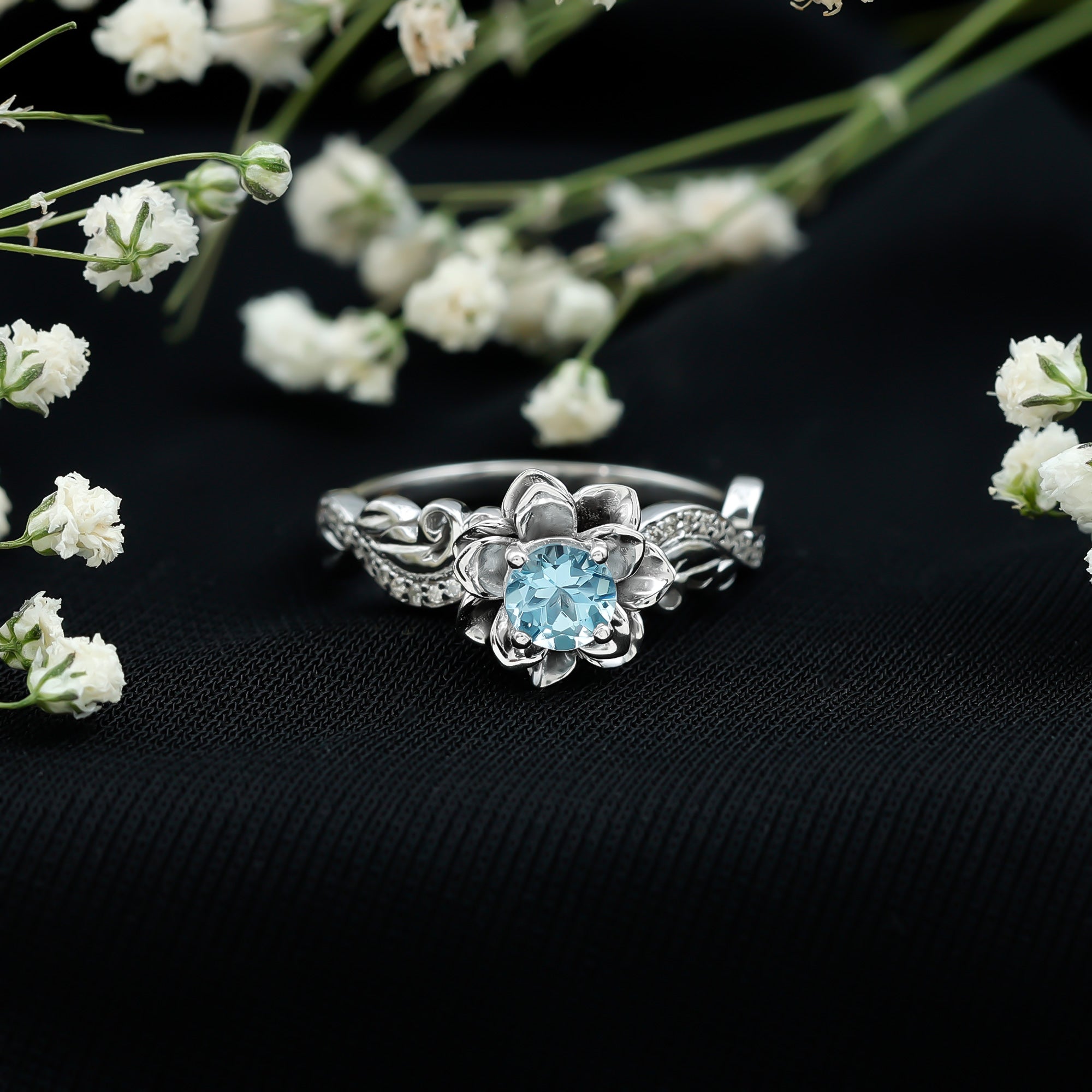 Natural Aquamarine Flower Inspired Engagement Ring With Diamond