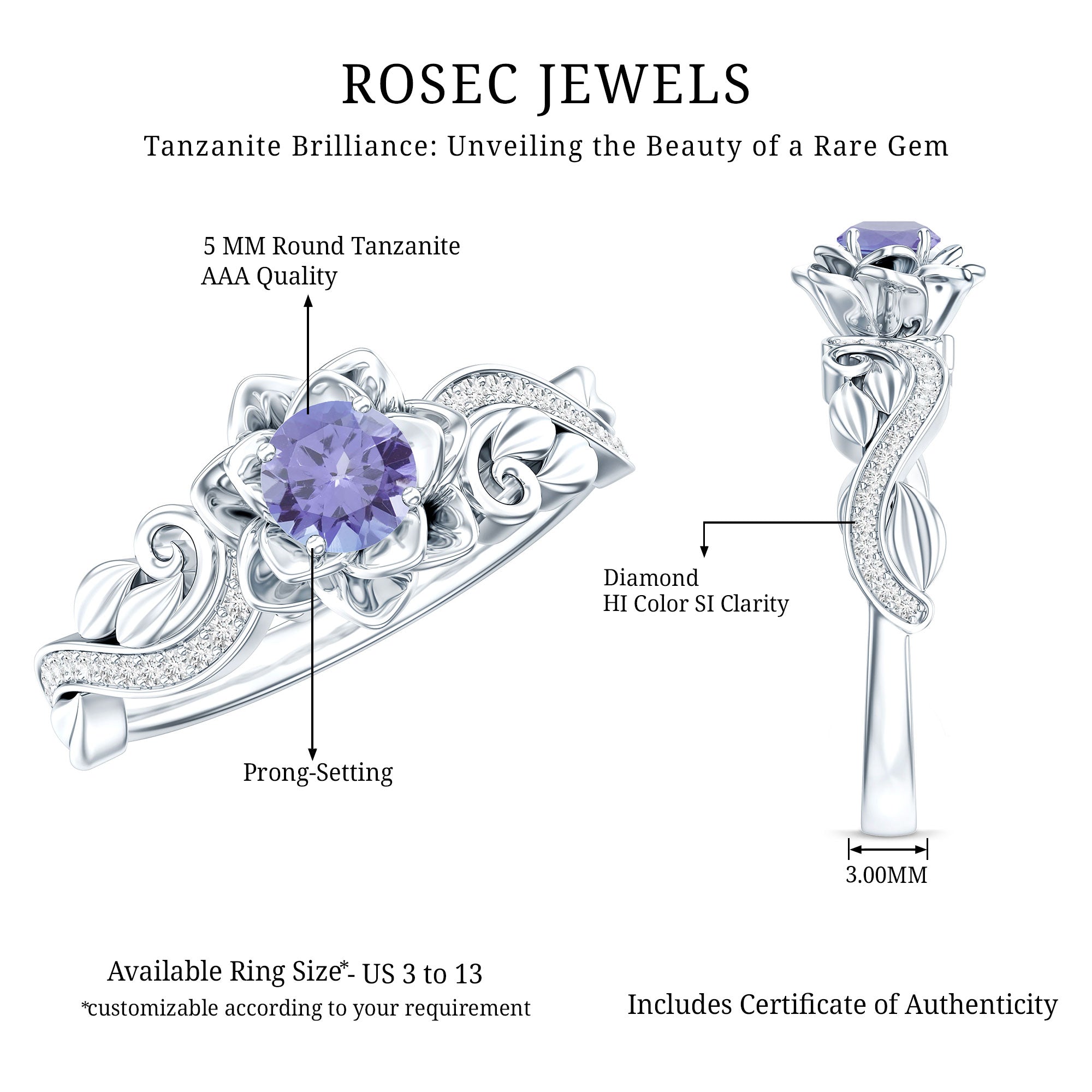 Nature Inspired Tanzanite Engagement Ring with Diamond