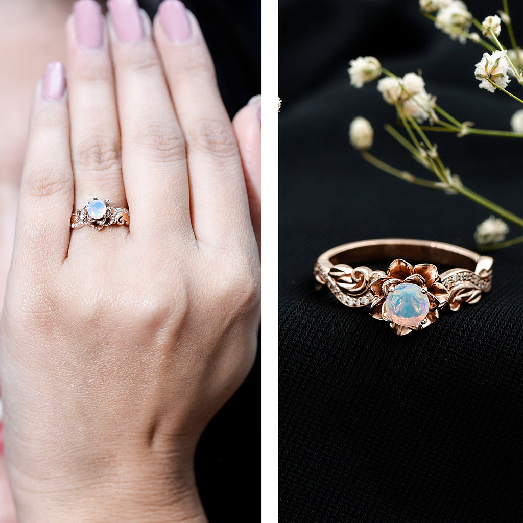 Genuine Ethiopian Opal Flower Engagement Ring With Real Diamond