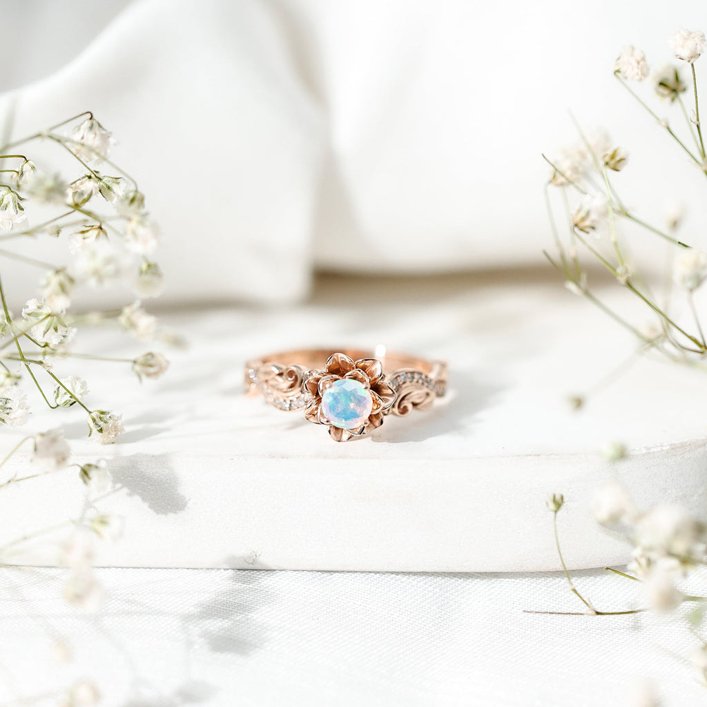 Genuine Ethiopian Opal Flower Engagement Ring With Real Diamond